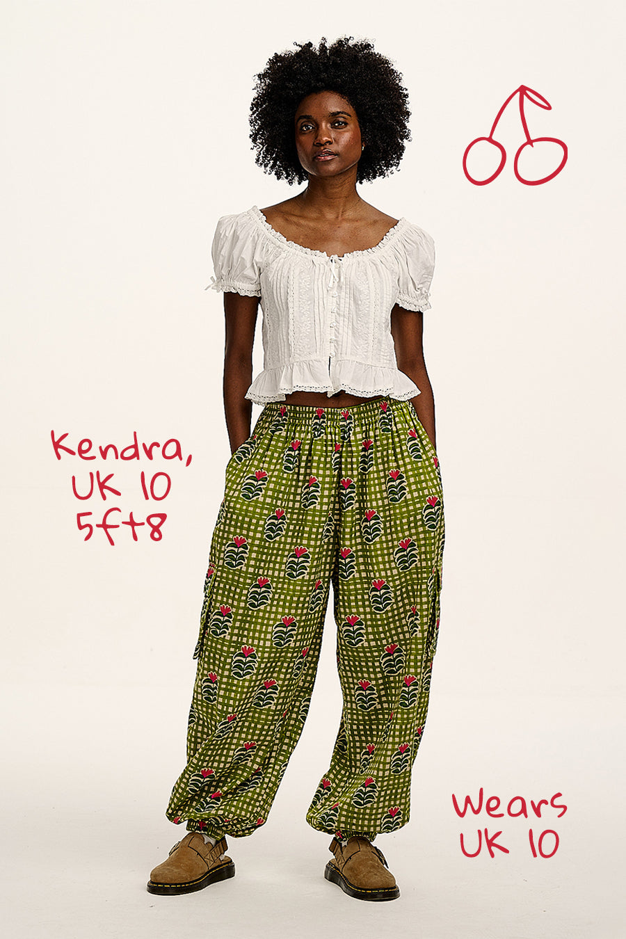 Rumi - Balloon Cotton & Linen Trousers in Blooming Green Checkerboard