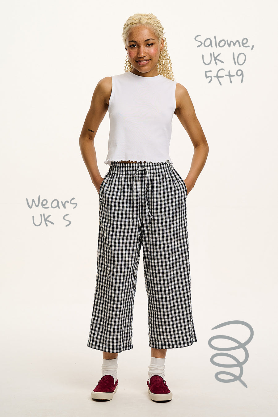 Chuck - Wide Leg Cotton Seersucker Trousers in Black & White Gingham