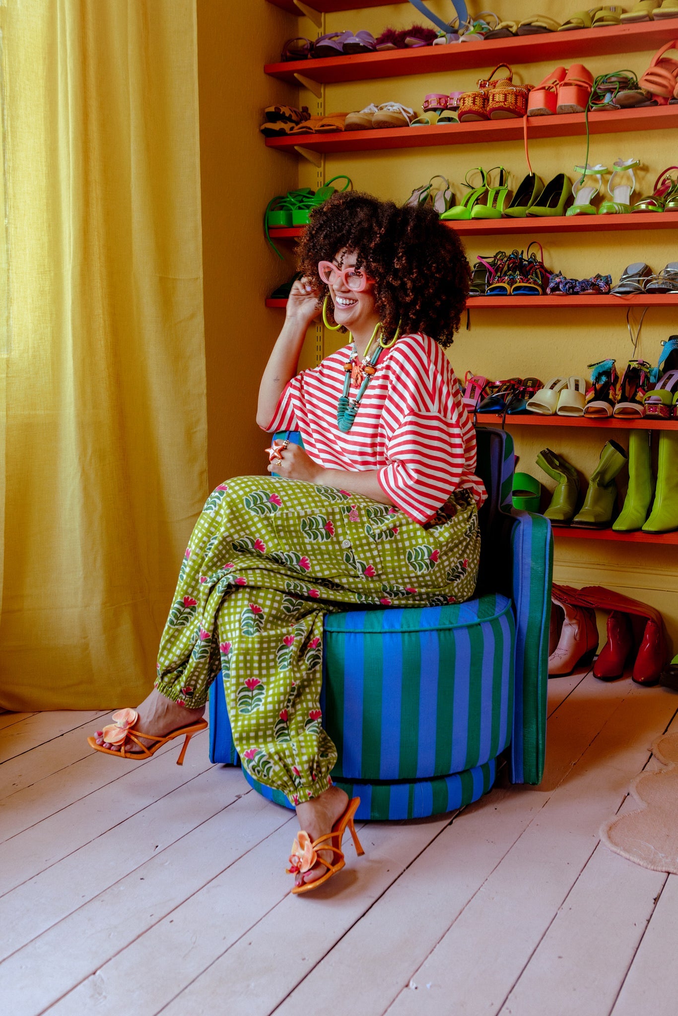Rumi - Balloon Cotton & Linen Trousers in Blooming Green Checkerboard