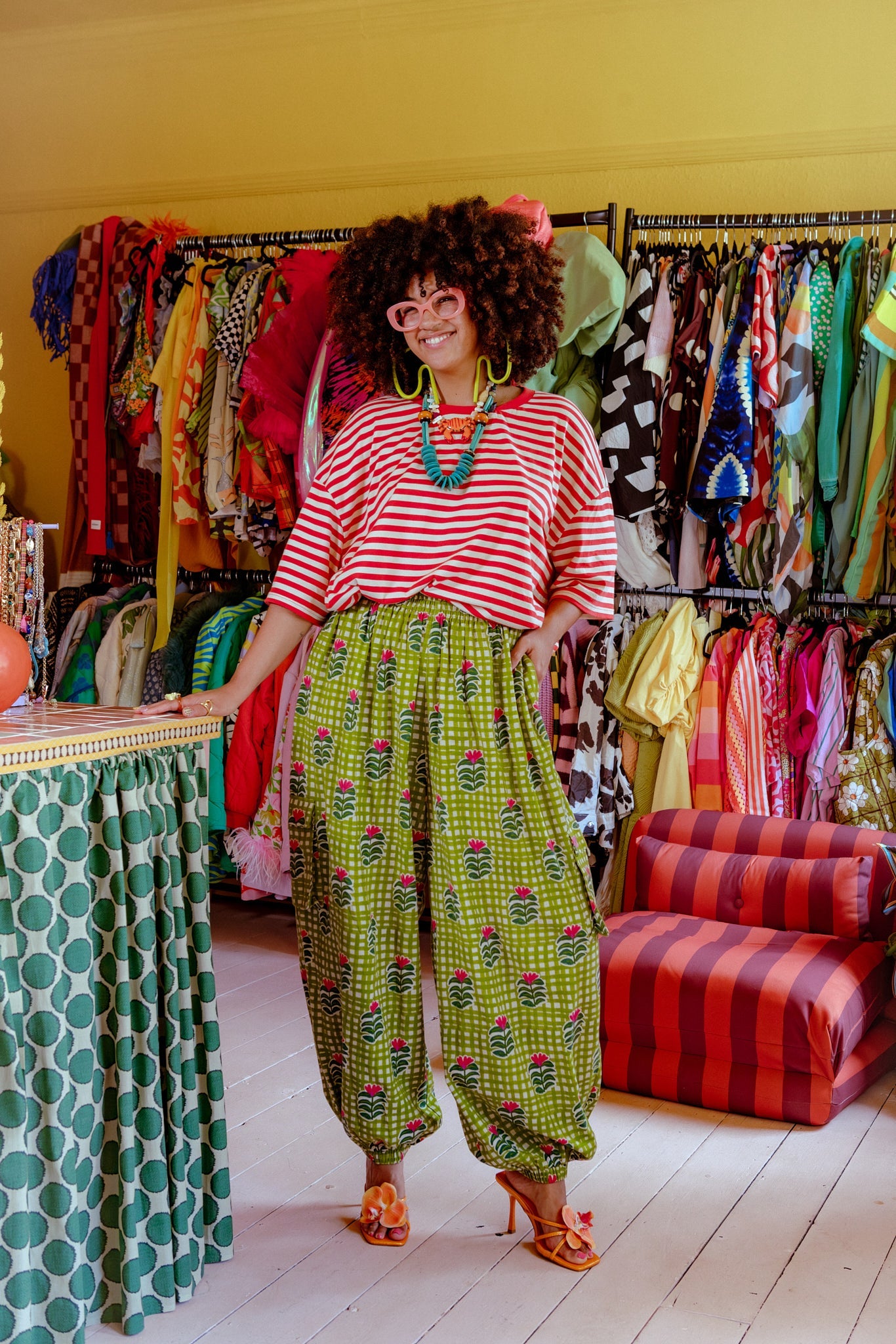 Rumi - Balloon Cotton & Linen Trousers in Blooming Green Checkerboard