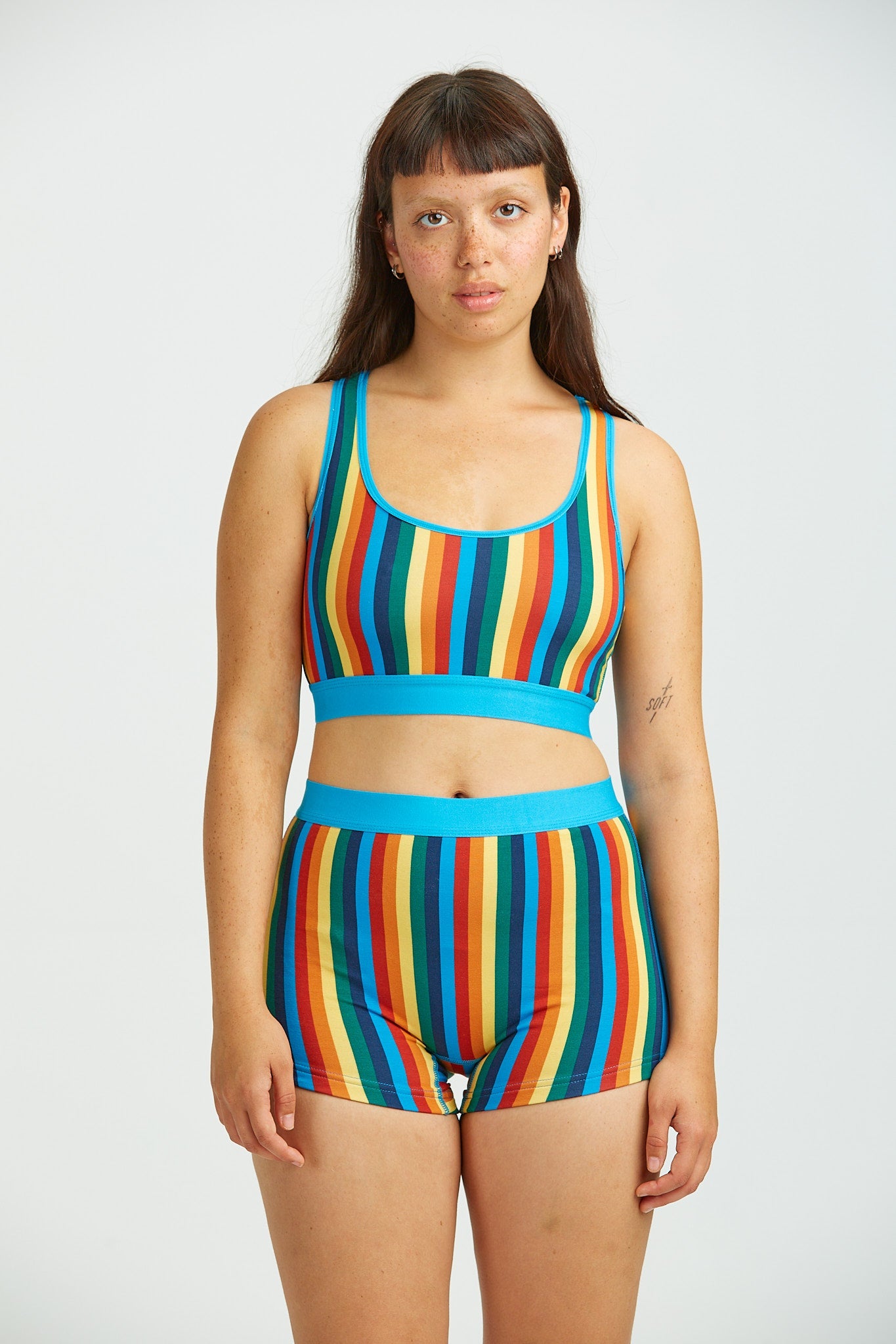 Iona - Racer Back Cotton & Bamboo Crop Top in Rainbow Stripe
