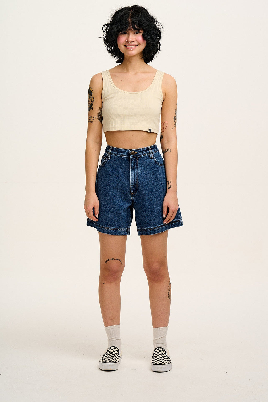 Lexi - High Waist Denim Shorts in Mid Wash Blue