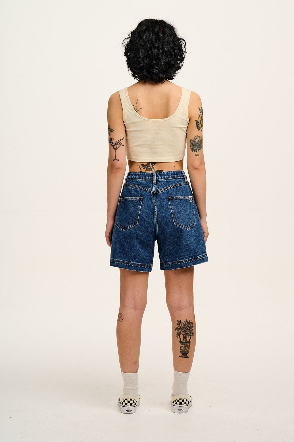 Lexi - High Waist Denim Shorts in Mid Wash Blue