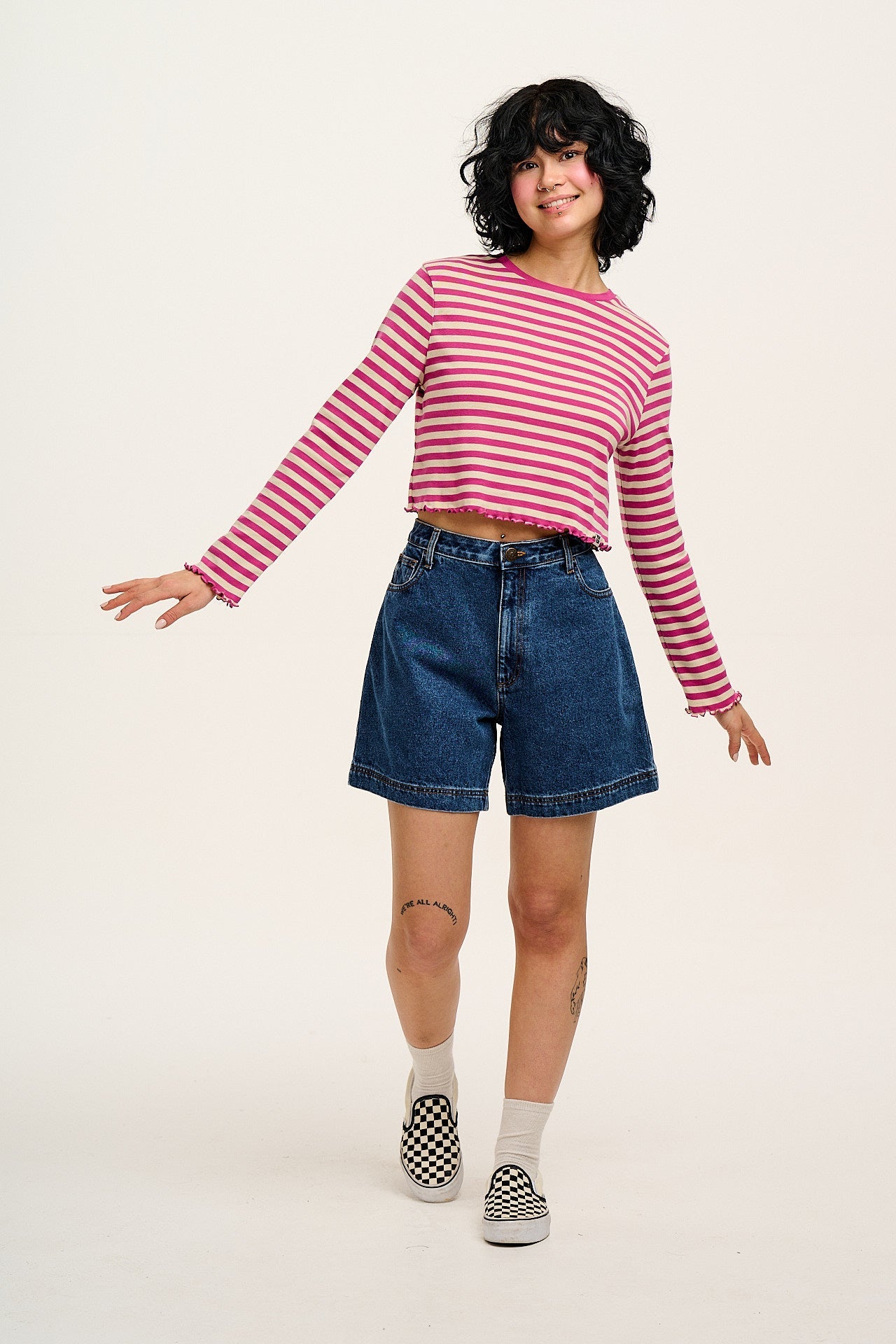 Lexi - High Waist Denim Shorts in Mid Wash Blue