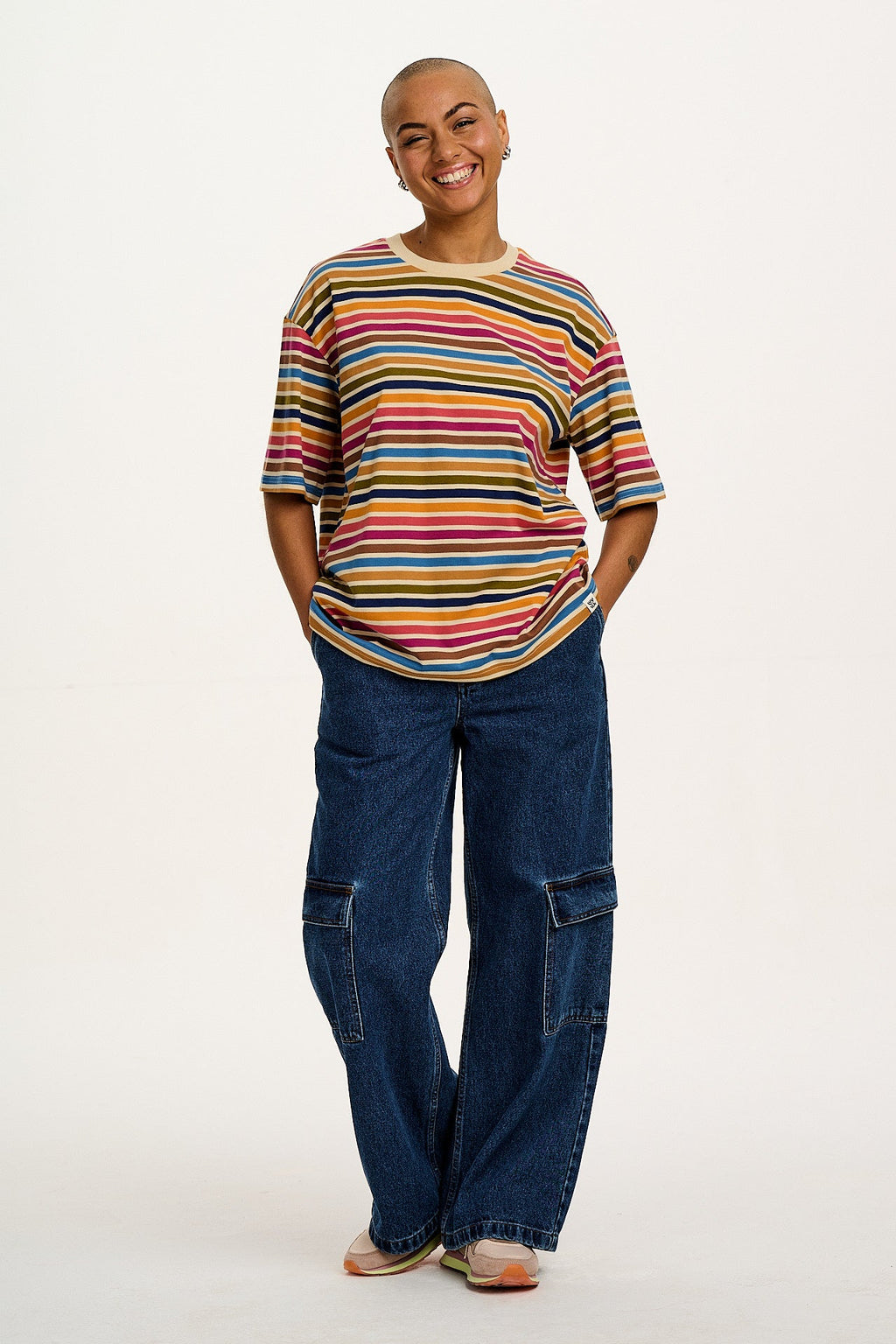 Benny - Oversized Cotton Tee in Rainbow & Ecru Stripe
