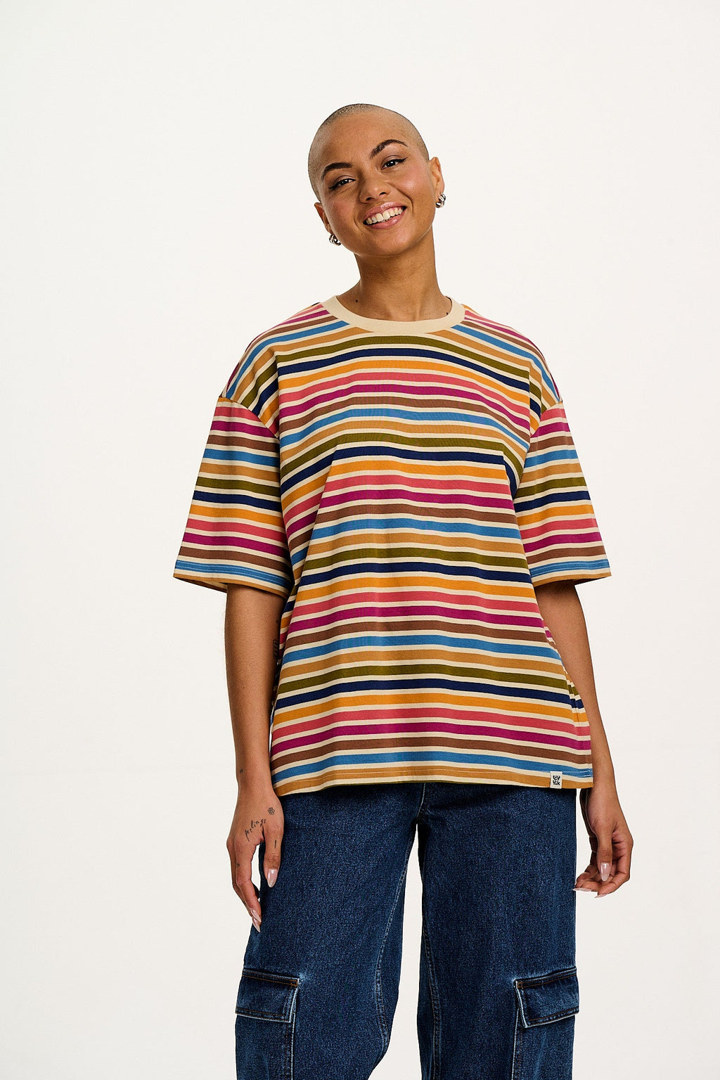 Benny - Oversized Cotton Tee in Rainbow & Ecru Stripe