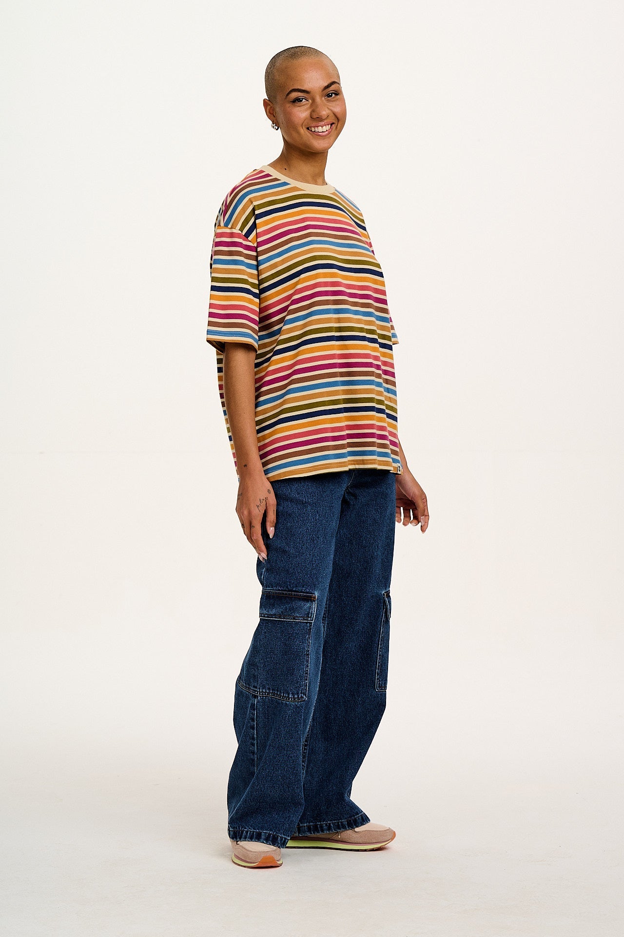 Benny - Oversized Cotton Tee in Rainbow & Ecru Stripe