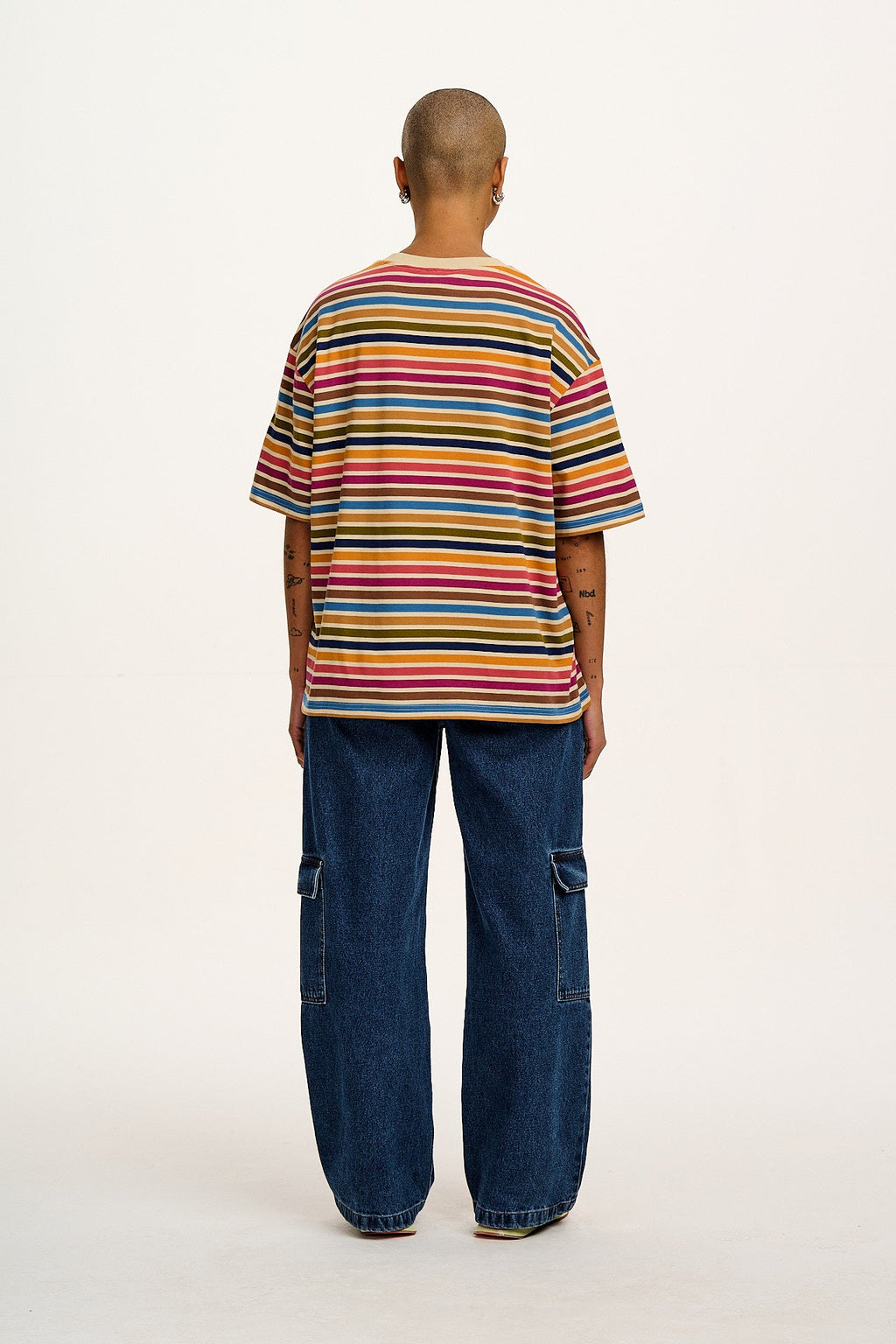 Benny - Oversized Cotton Tee in Rainbow & Ecru Stripe