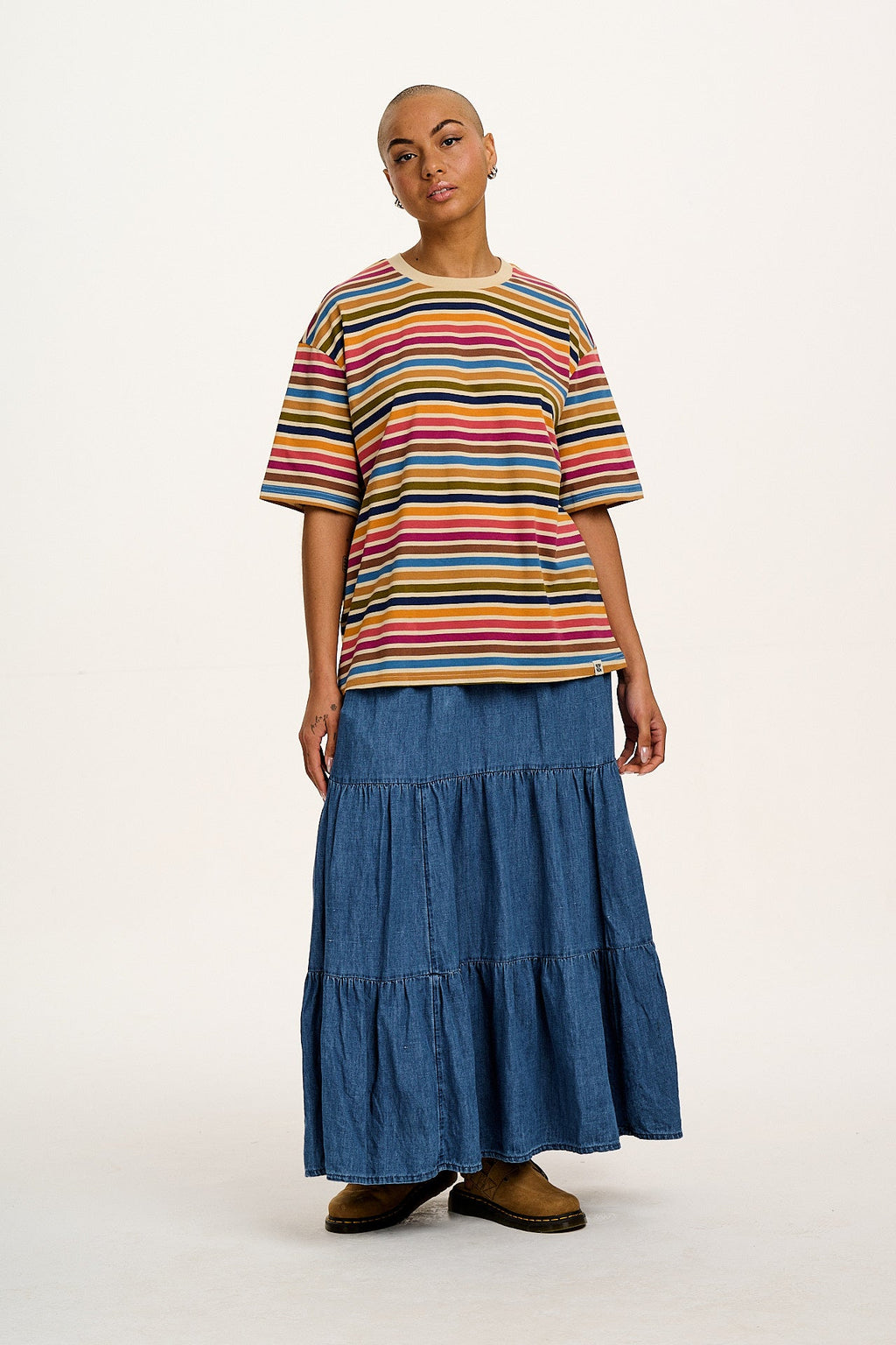 Benny - Oversized Cotton Tee in Rainbow & Ecru Stripe