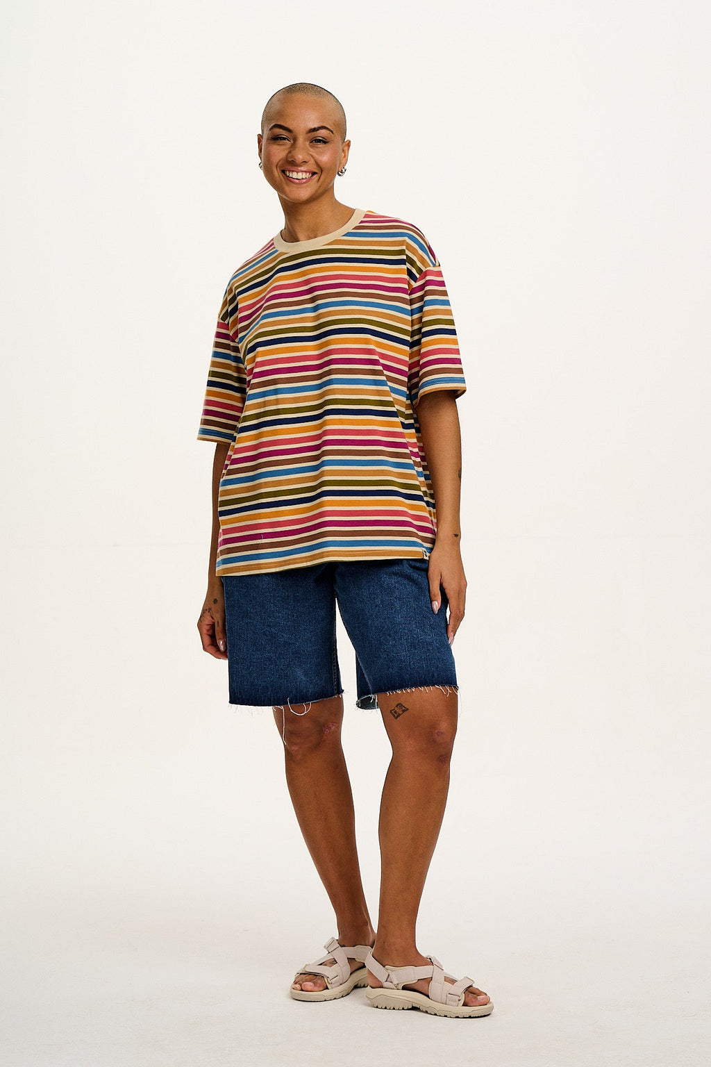 Benny - Oversized Cotton Tee in Rainbow & Ecru Stripe