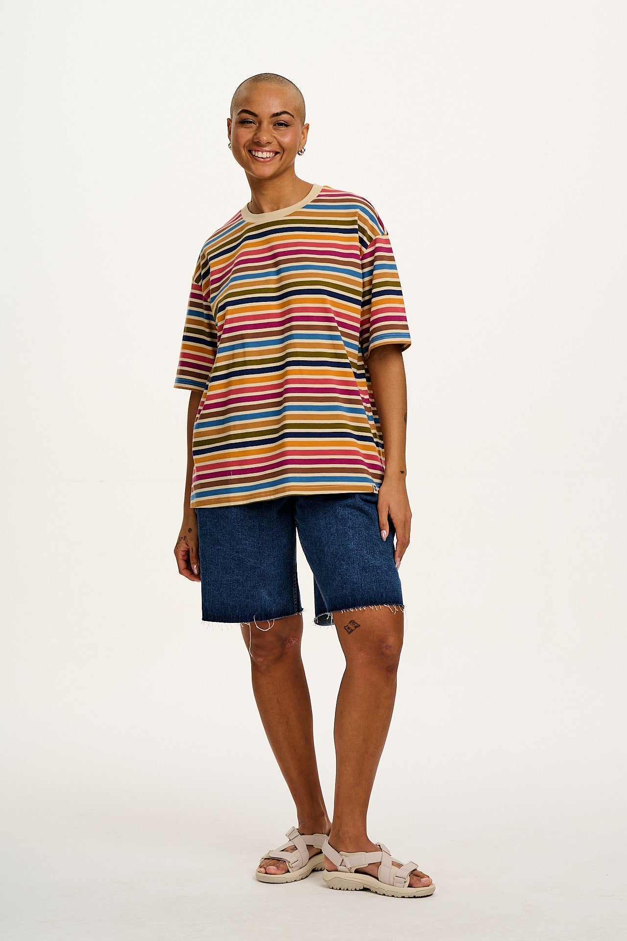 Benny - Oversized Cotton Tee in Rainbow & Ecru Stripe