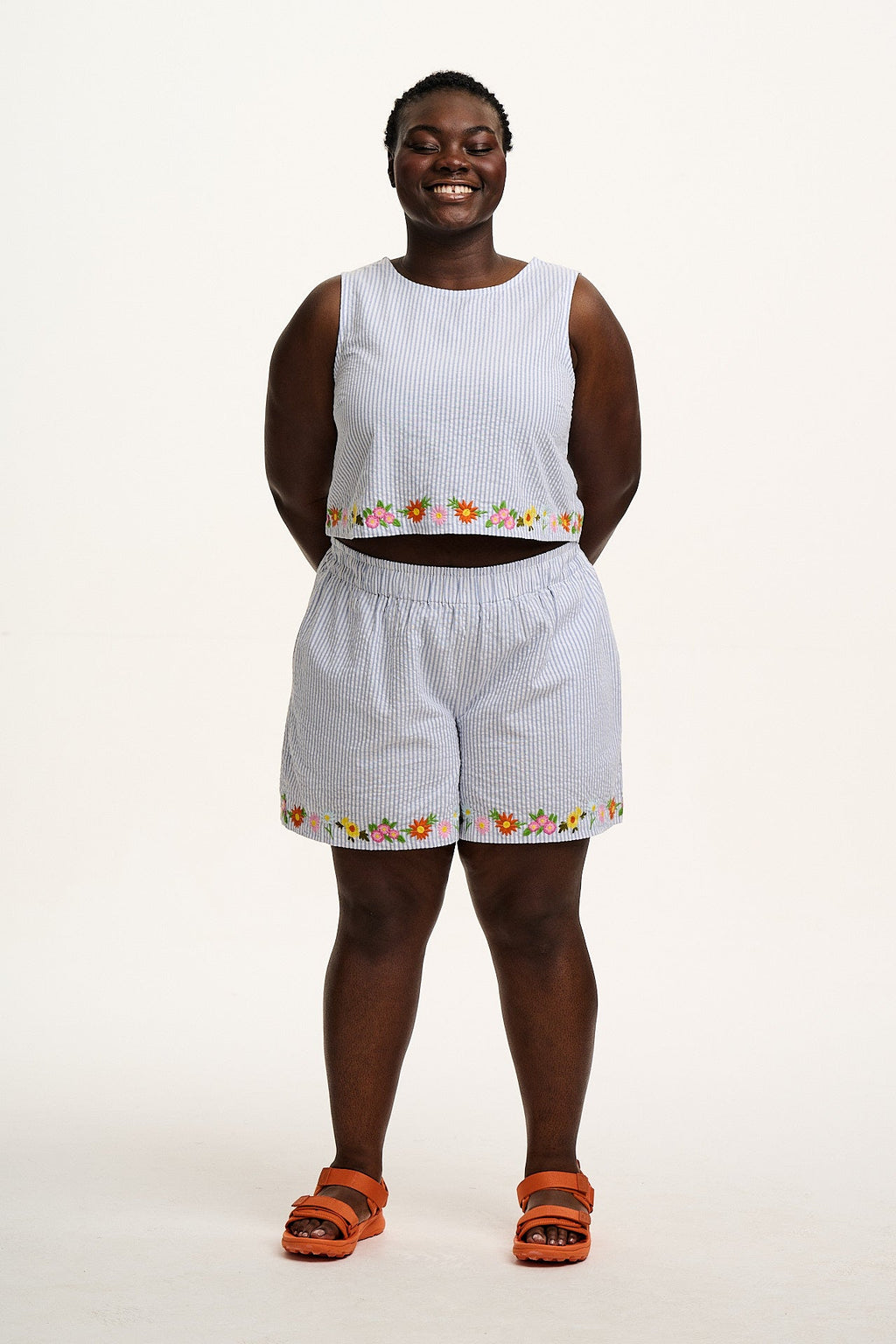 Arden - Cotton Seersucker Shell Top in Blue Stripe with Floral Embroidery