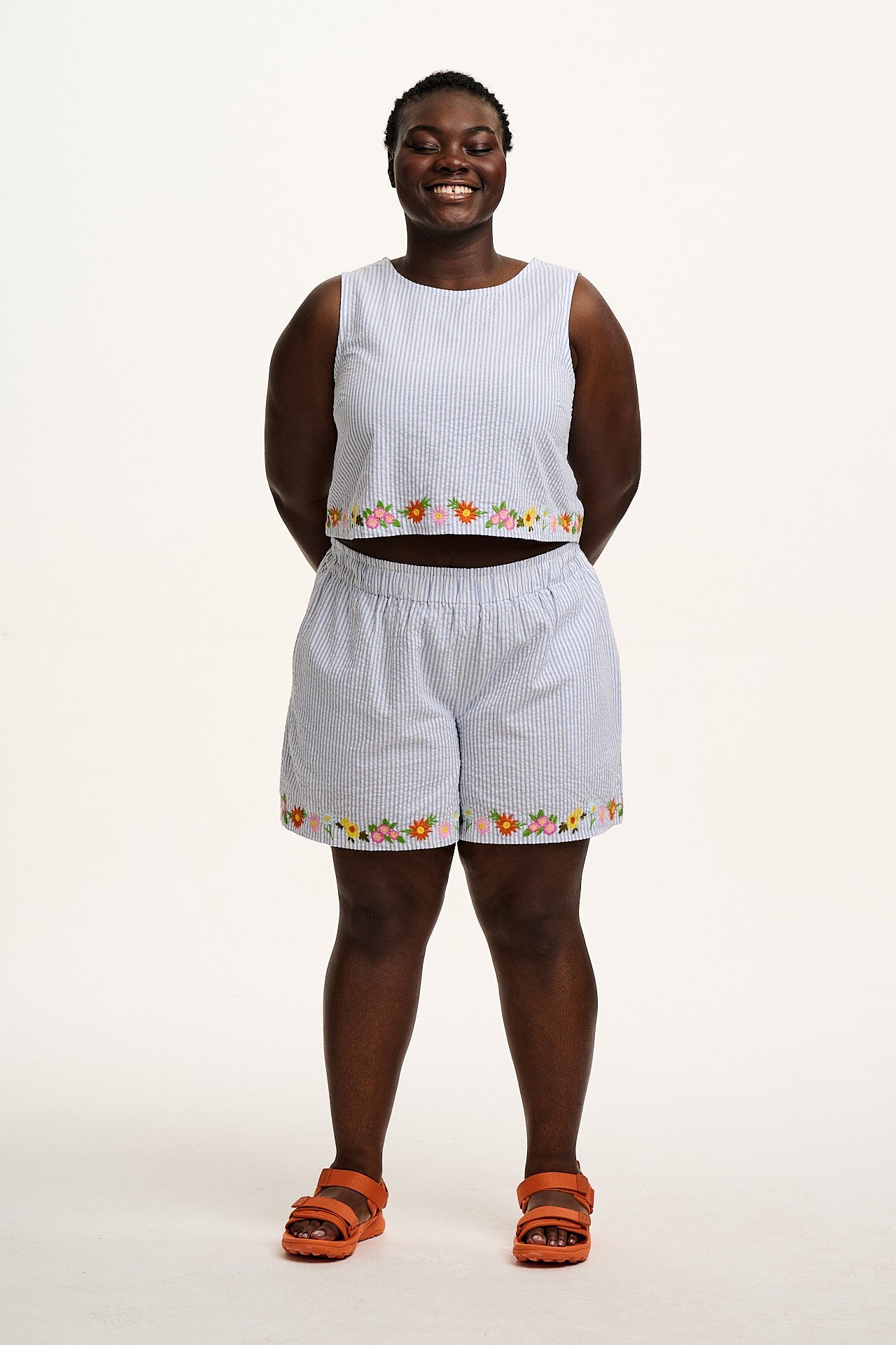 Arden - Cotton Seersucker Shell Top in Blue Stripe with Floral Embroidery