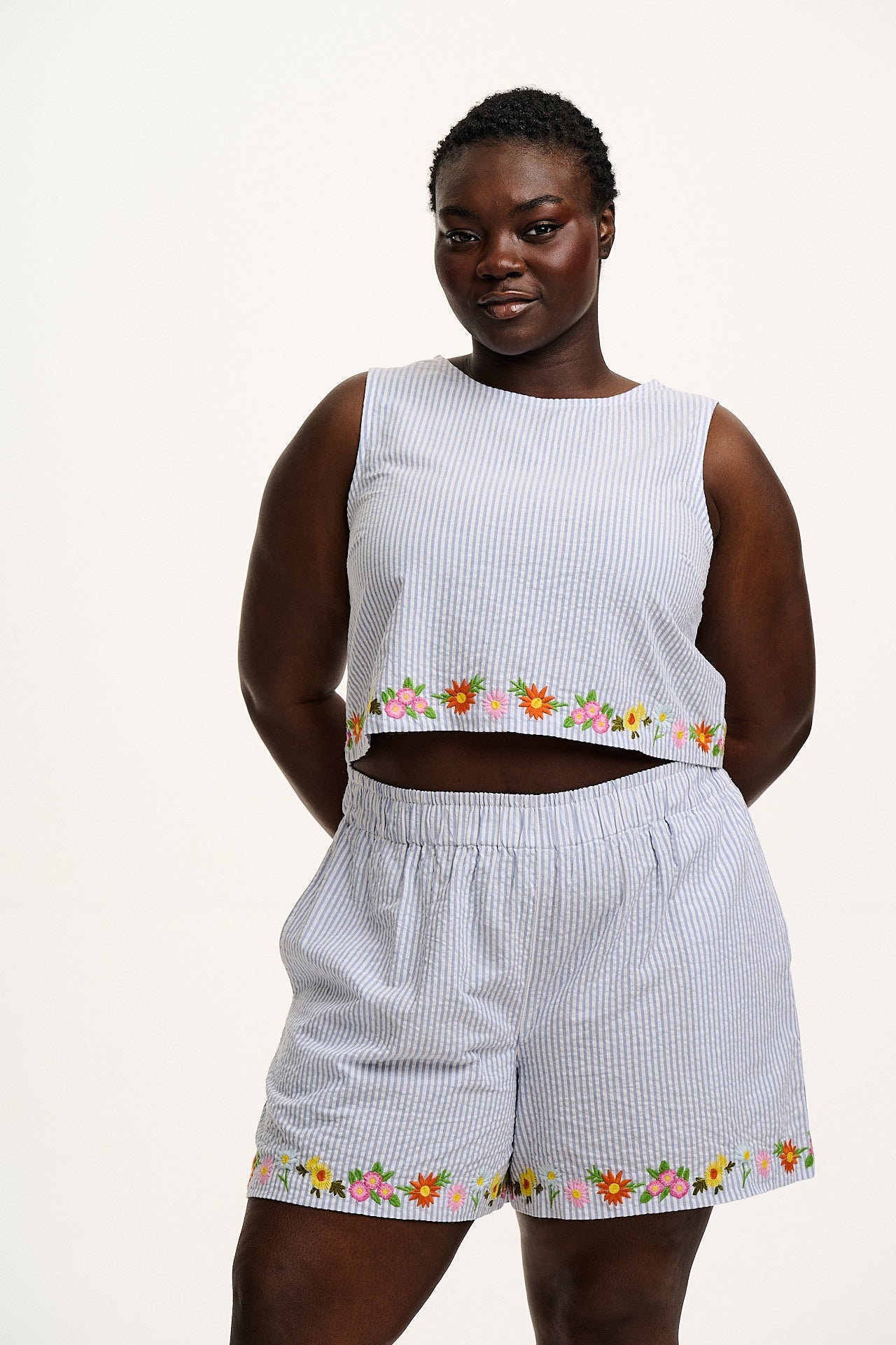 Arden - Cotton Seersucker Shell Top in Blue Stripe with Floral Embroidery