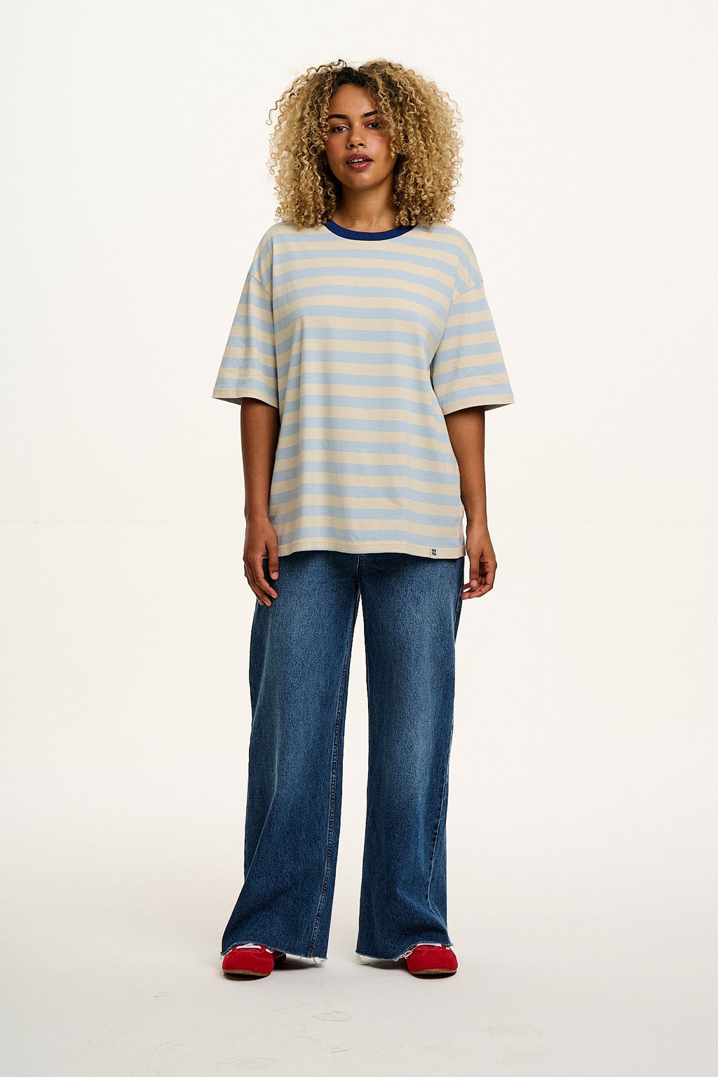 Benny - Oversized Cotton Tee in White & Blue Stripe