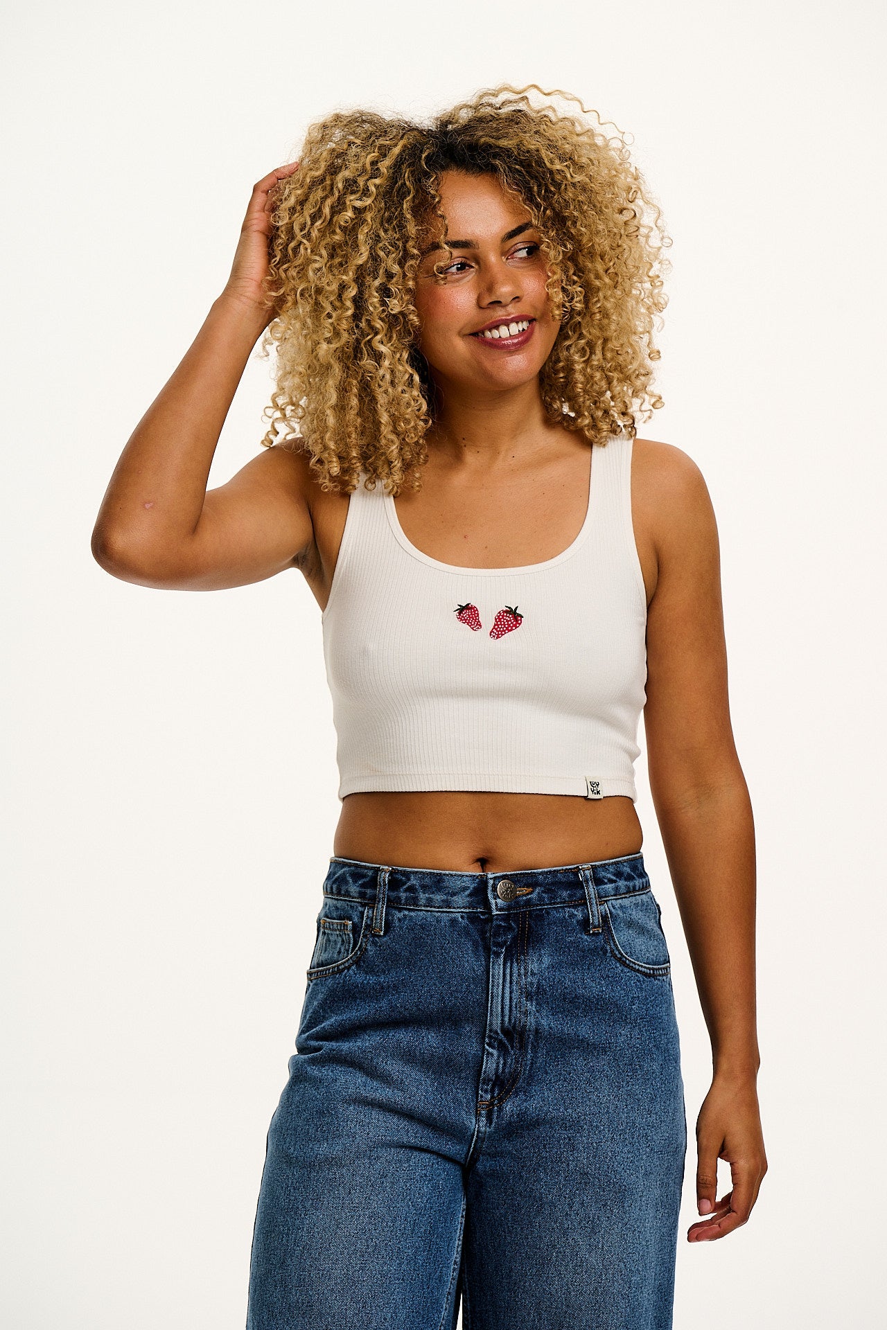 Josy - Vest Top in Ecru with Strawberry Embroidery
