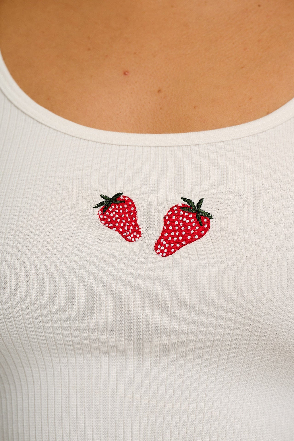 Josy - Vest Top in Ecru with Strawberry Embroidery