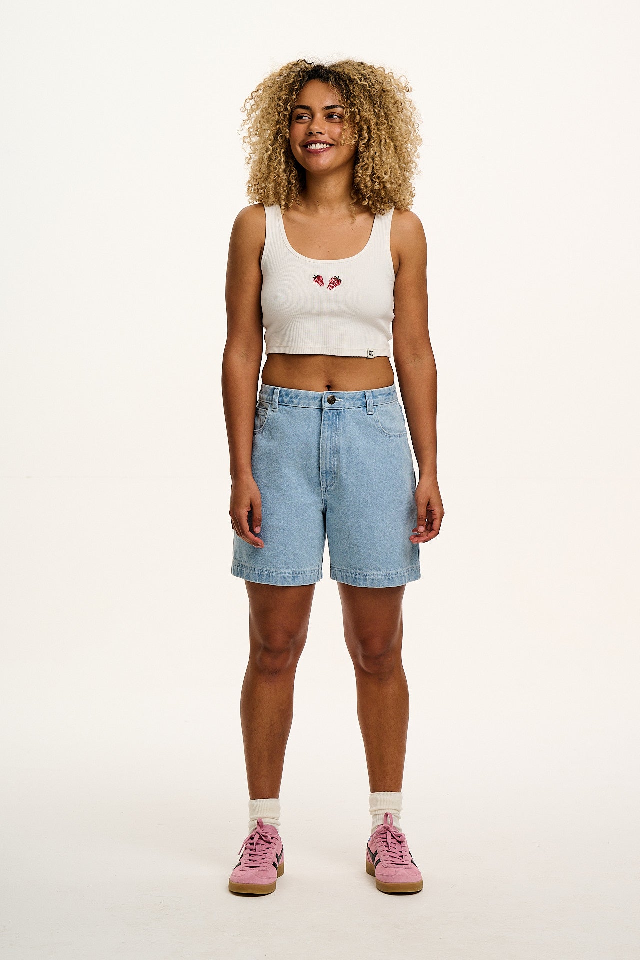 Josy - Vest Top in Ecru with Strawberry Embroidery