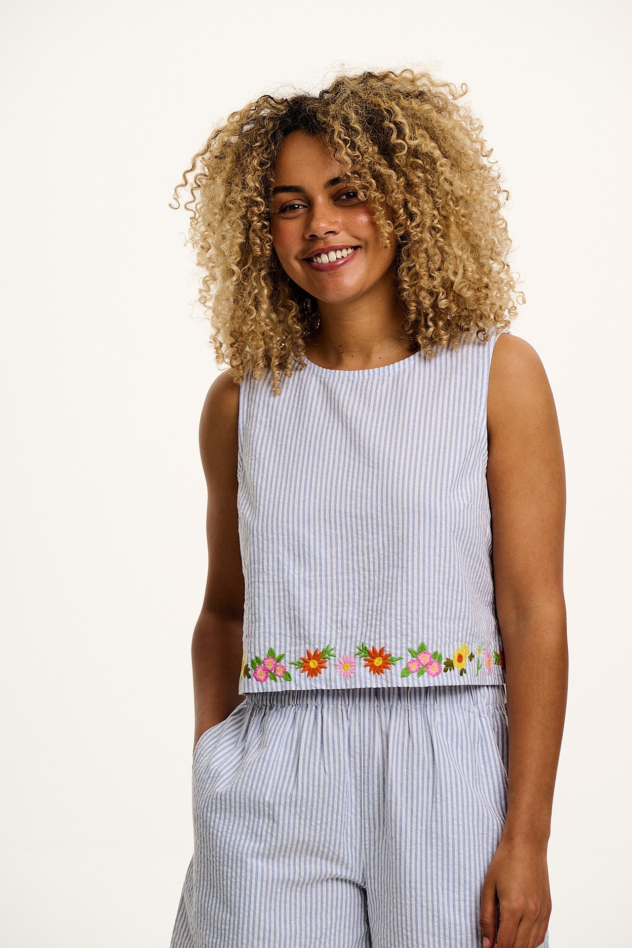 Arden - Cotton Seersucker Shell Top in Blue Stripe with Floral Embroidery