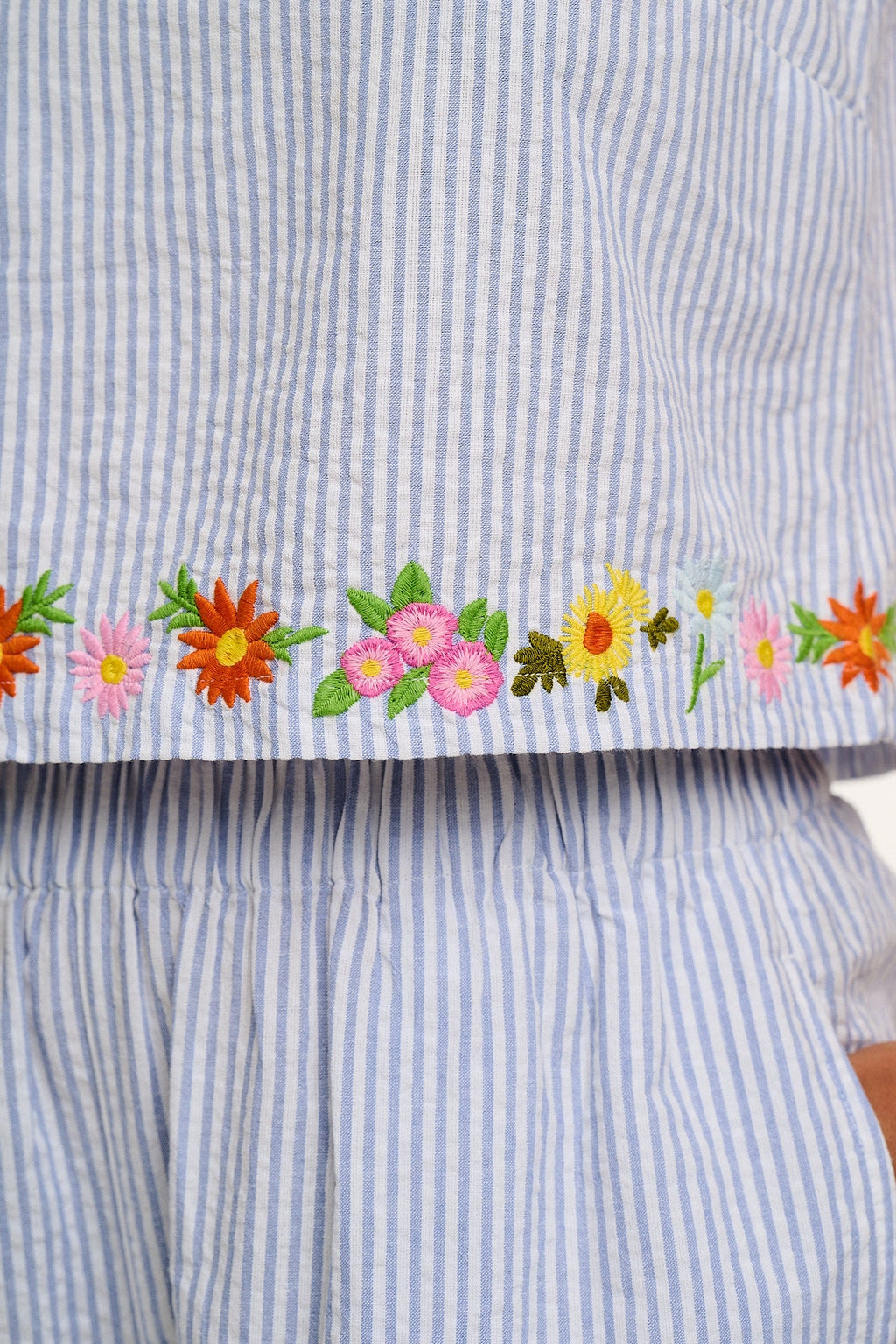 Arden - Cotton Seersucker Shell Top in Blue Stripe with Floral Embroidery