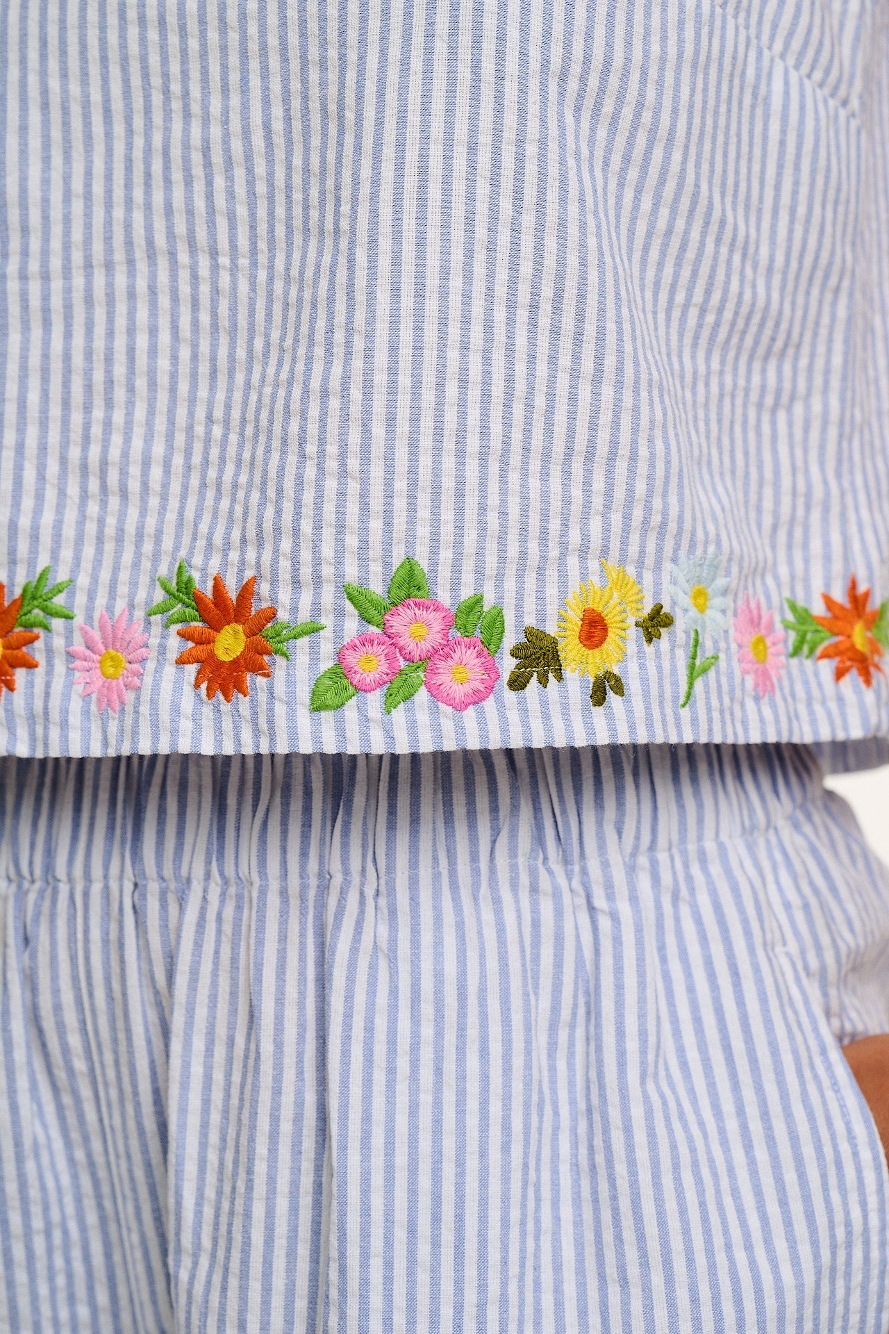 Arden - Cotton Seersucker Shell Top in Blue Stripe with Floral Embroidery