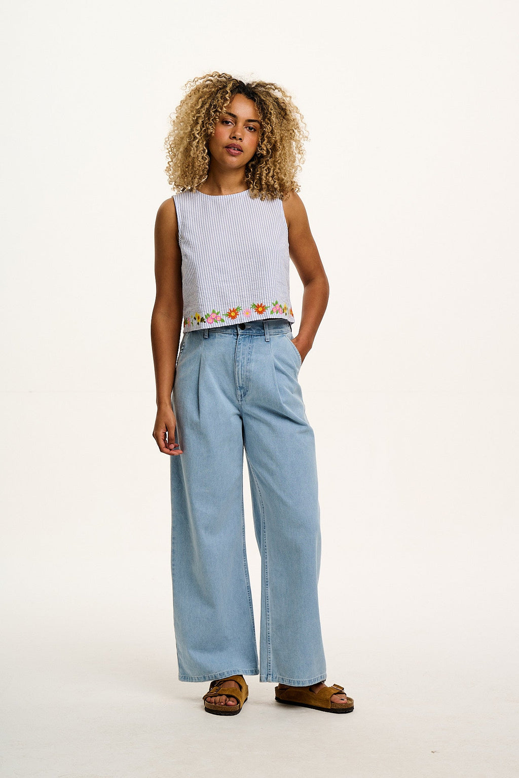 Arden - Cotton Seersucker Shell Top in Blue Stripe with Floral Embroidery