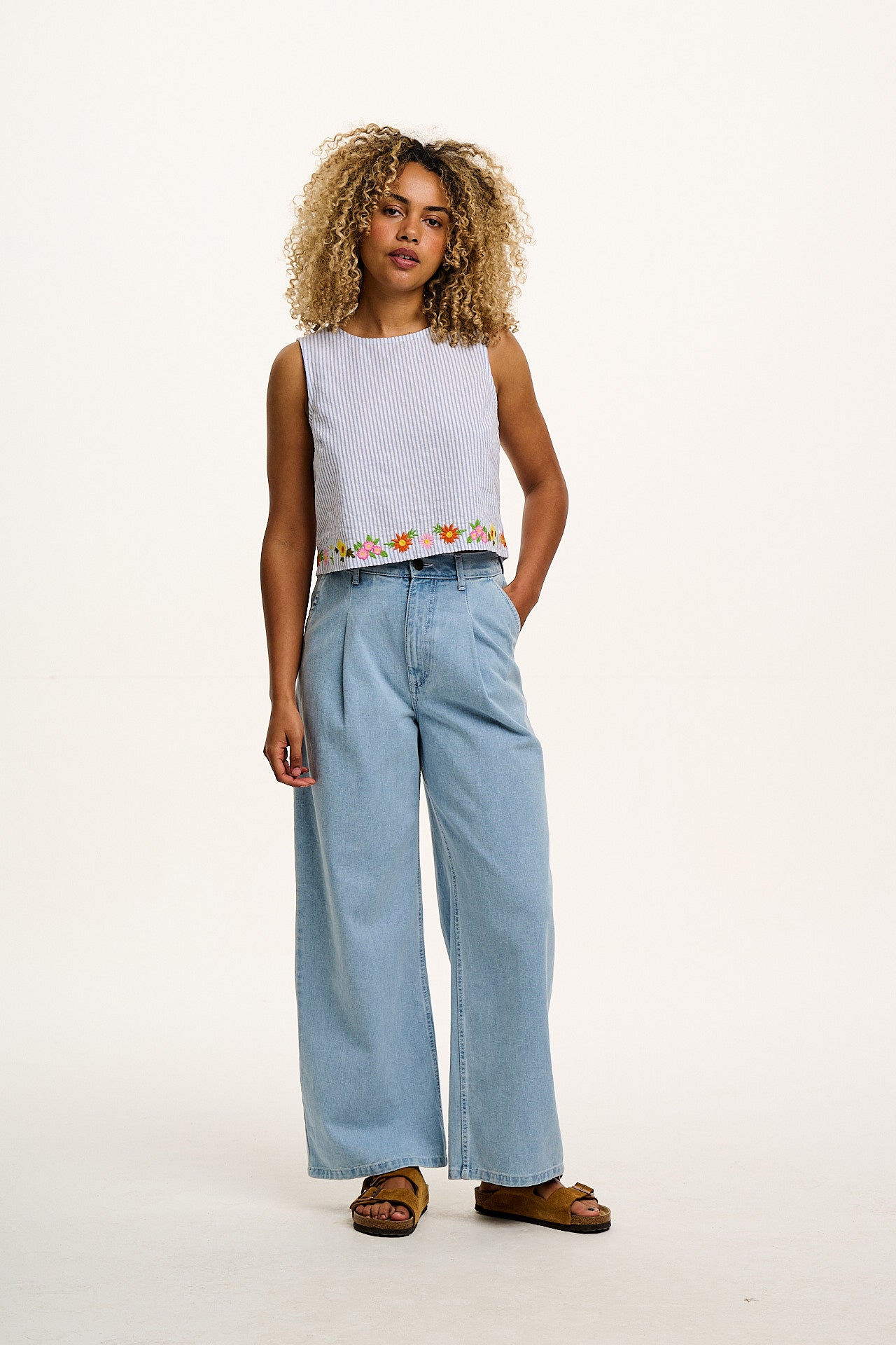 Arden - Cotton Seersucker Shell Top in Blue Stripe with Floral Embroidery