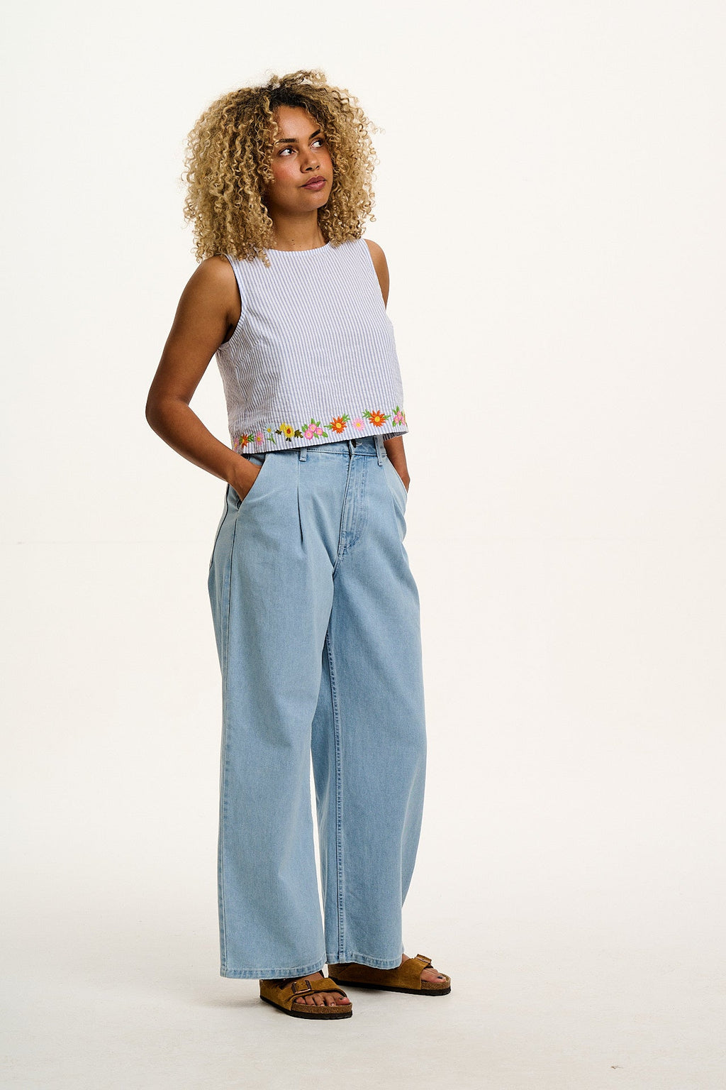 Arden - Cotton Seersucker Shell Top in Blue Stripe with Floral Embroidery