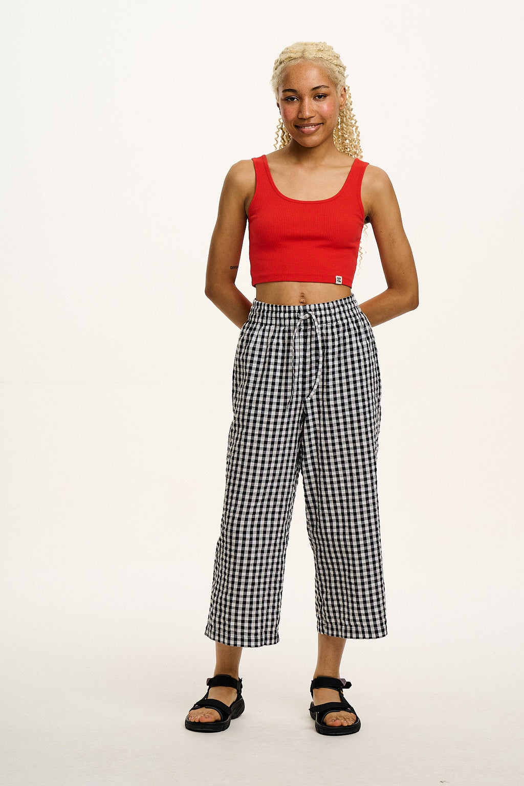 Chuck - Wide Leg Cotton Seersucker Trousers in Black & White Gingham