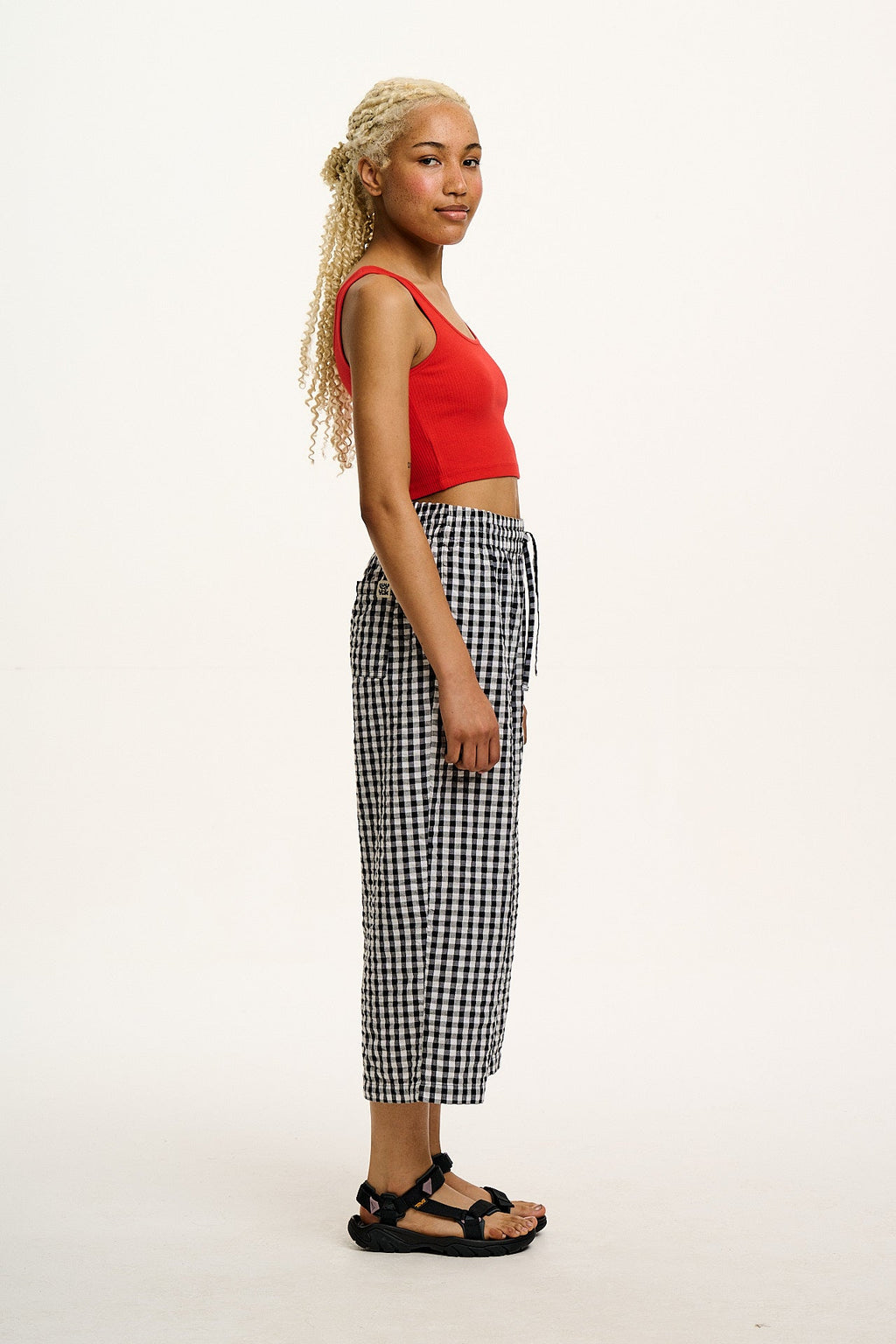 Chuck - Wide Leg Cotton Seersucker Trousers in Black & White Gingham