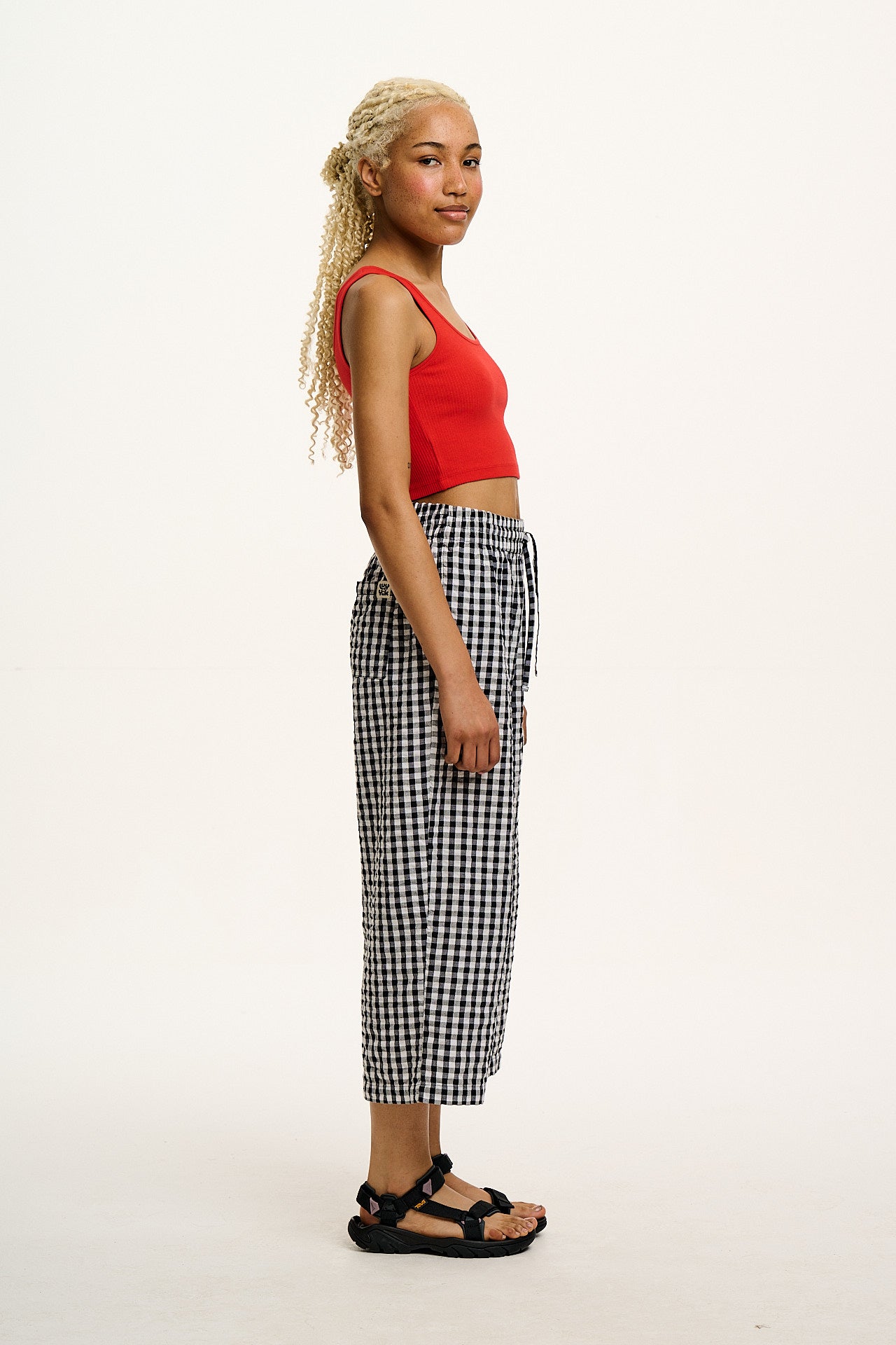 Chuck - Wide Leg Cotton Seersucker Trousers in Black & White Gingham