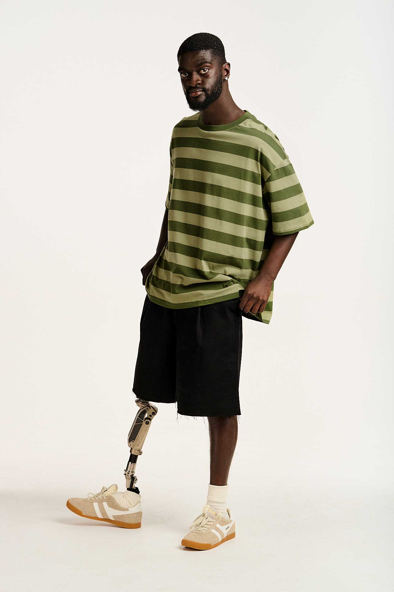 Benny - Oversized Cotton Tee in Green Stripe