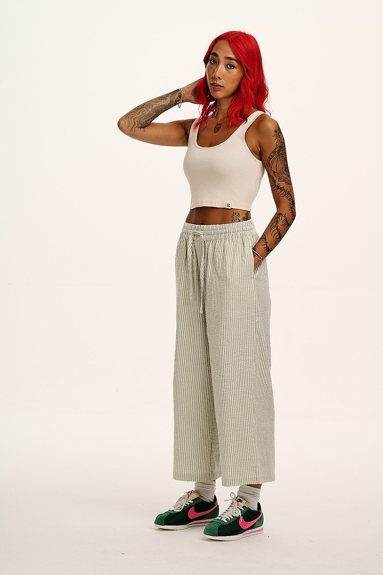 Chuck - Wide Leg Cotton Trousers in Green Stripe