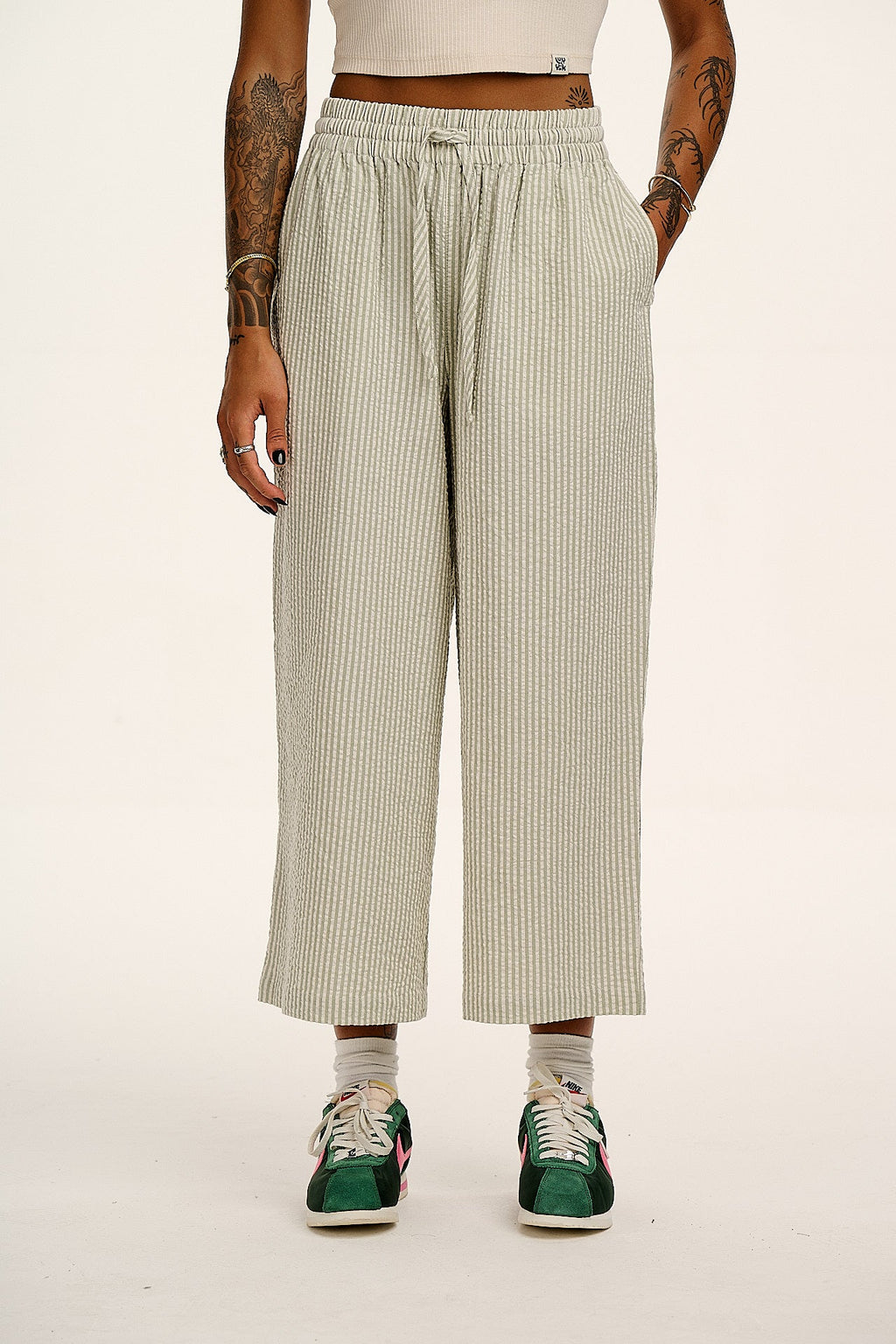 Chuck - Wide Leg Cotton Trousers in Green Stripe