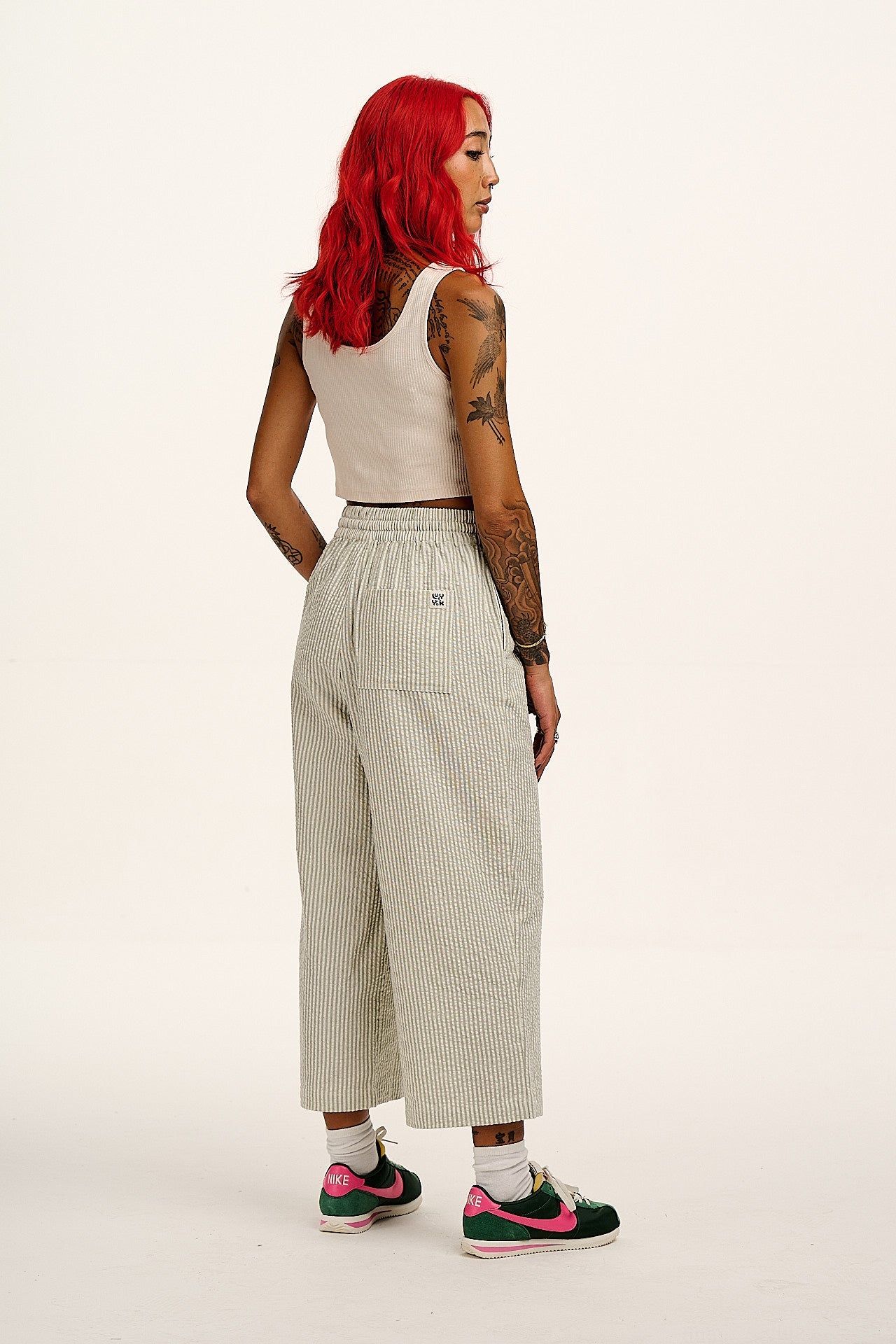 Chuck - Wide Leg Cotton Trousers in Green Stripe