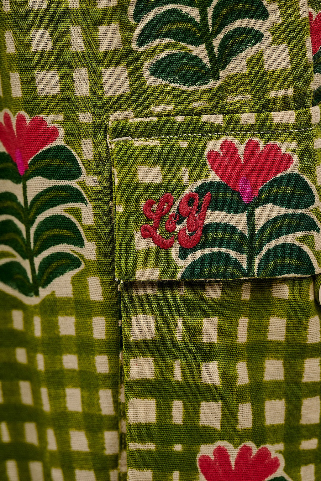 Rumi - Balloon Cotton & Linen Trousers in Blooming Green Checkerboard