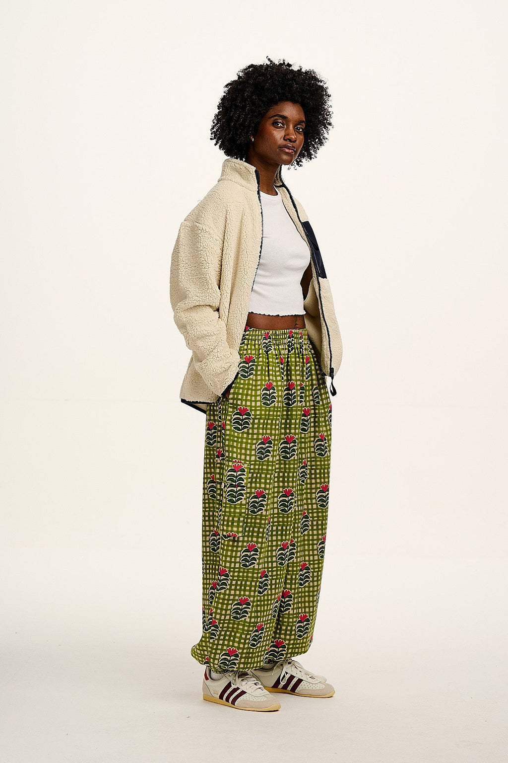 Rumi - Balloon Cotton & Linen Trousers in Blooming Green Checkerboard