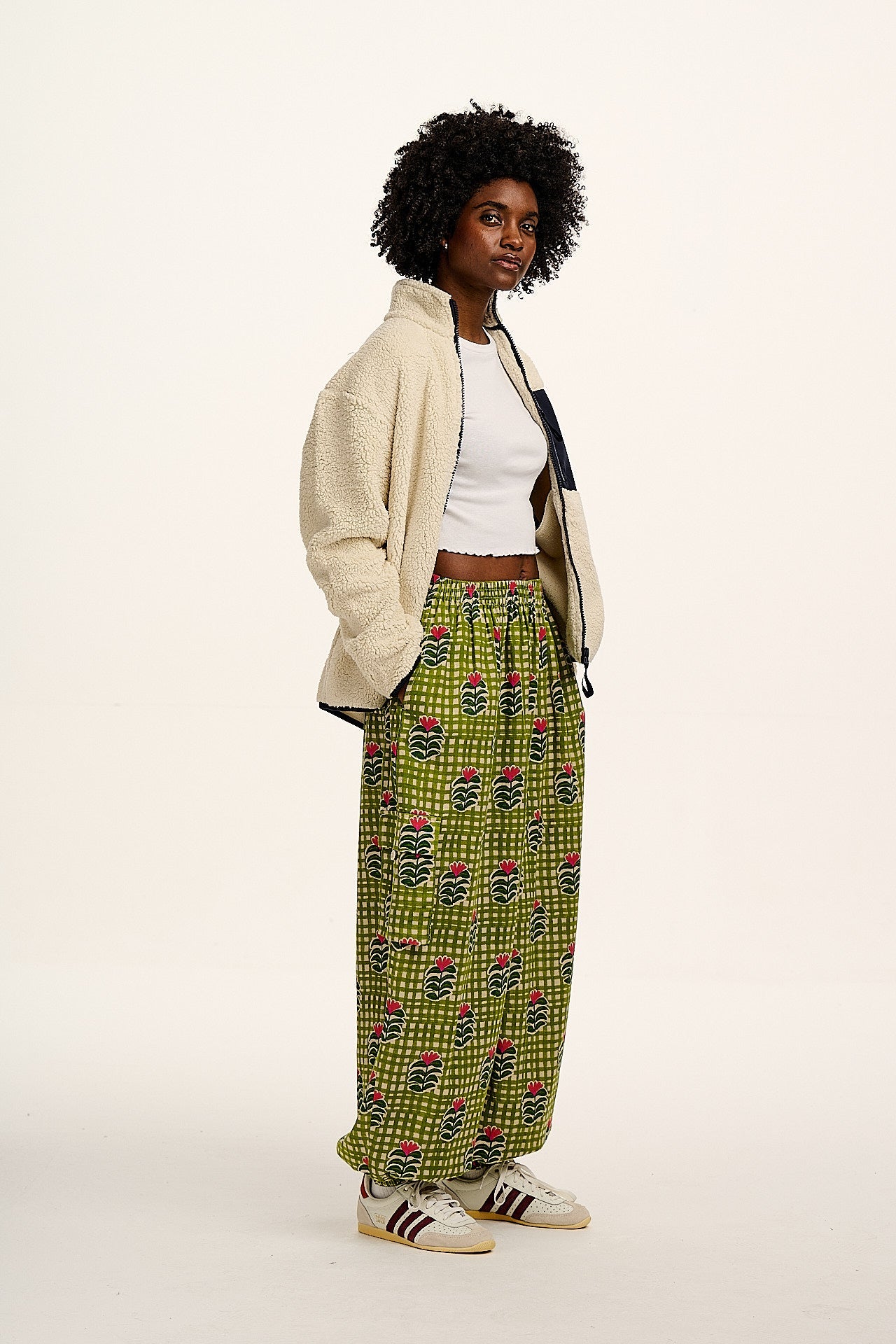 Rumi - Balloon Cotton & Linen Trousers in Blooming Green Checkerboard