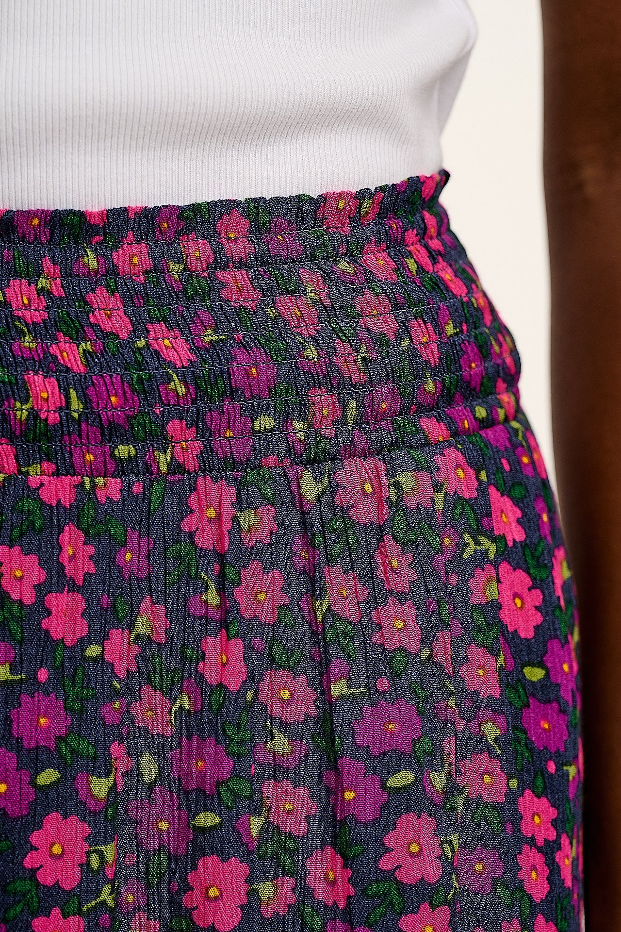 Poppy - Elasticated Waist Skirt in Purple Ditsy Floral Print