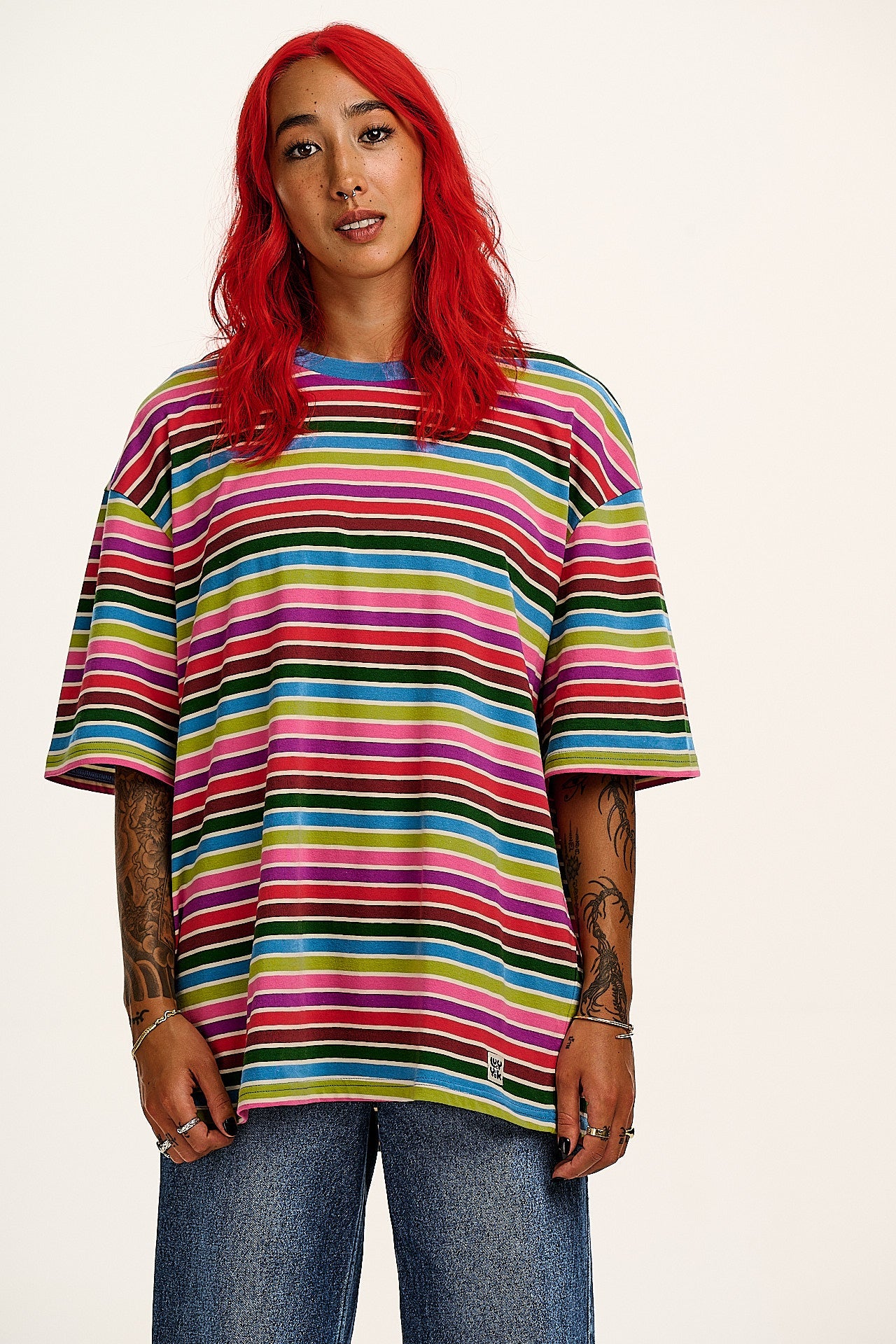 Benny - Oversized Cotton Tee in Rainbow Stripe