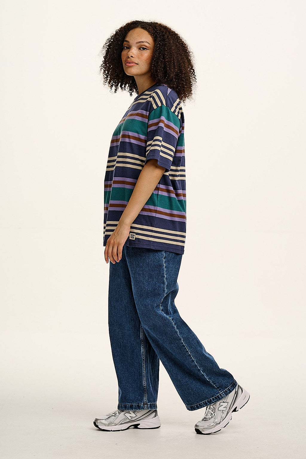 Benny - Oversized Cotton Tee in Blue Earthy Stripe