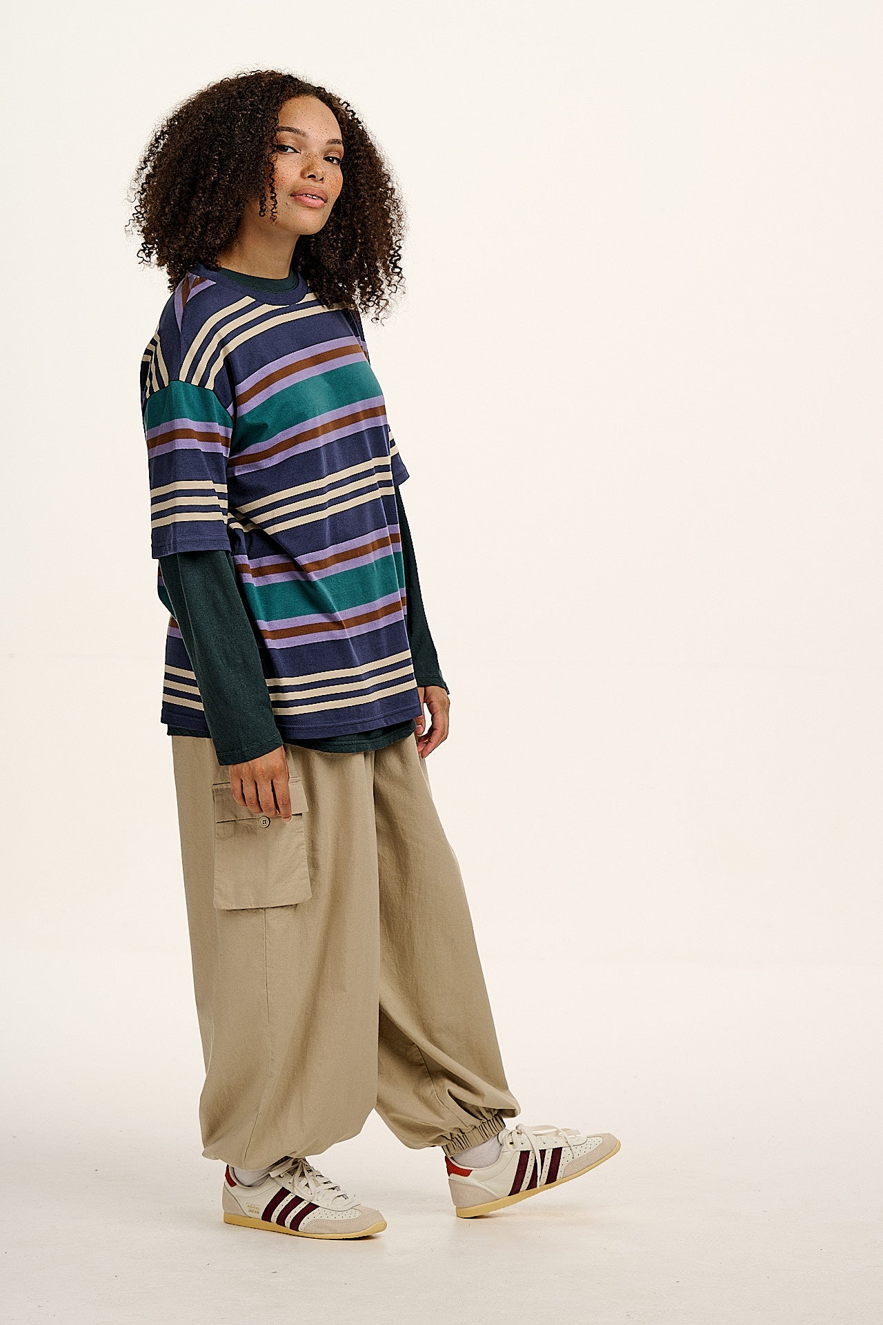 Benny - Oversized Cotton Tee in Blue Earthy Stripe