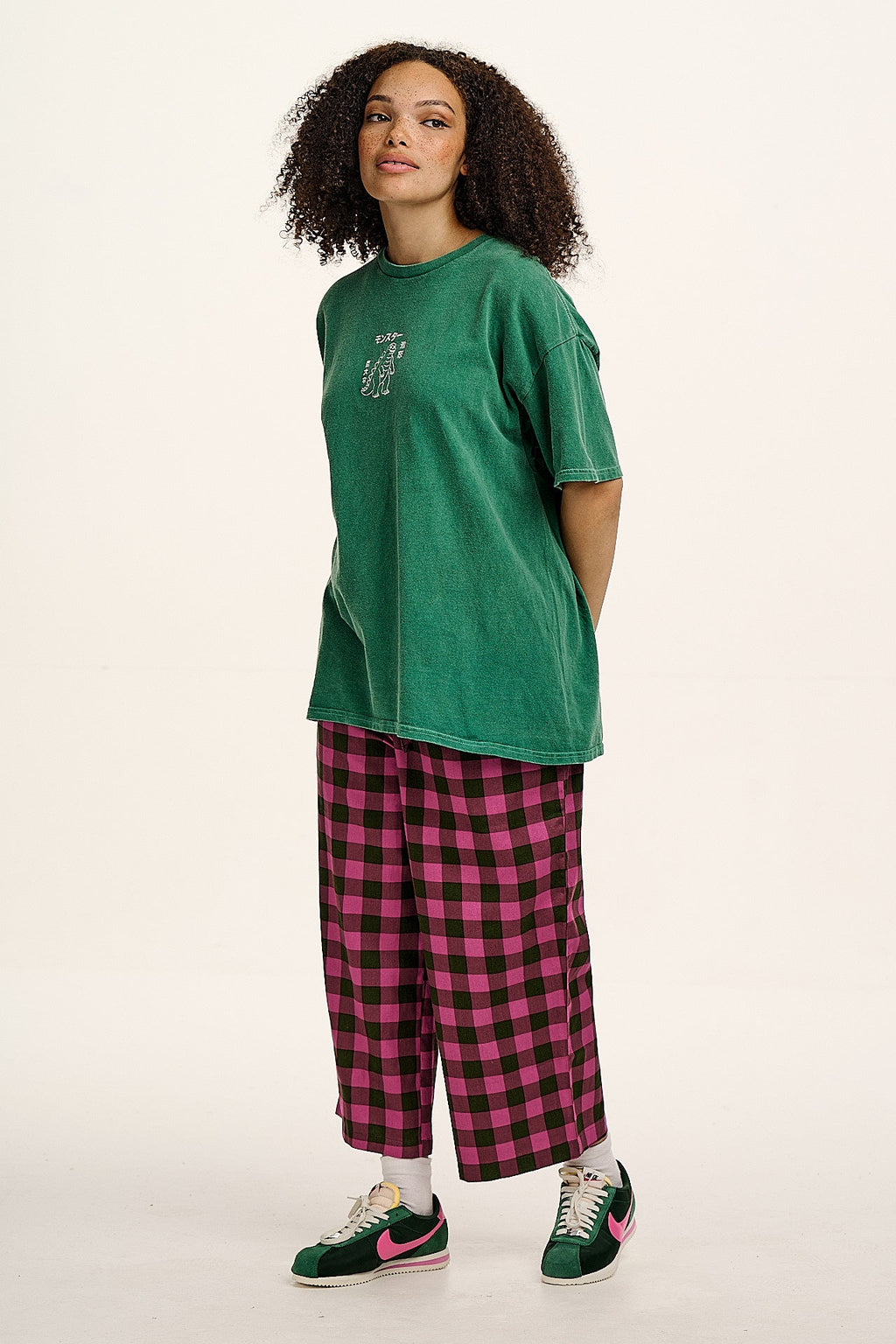 Chuck - Wide Leg Cotton Trousers in Pink and Green Checkerboard
