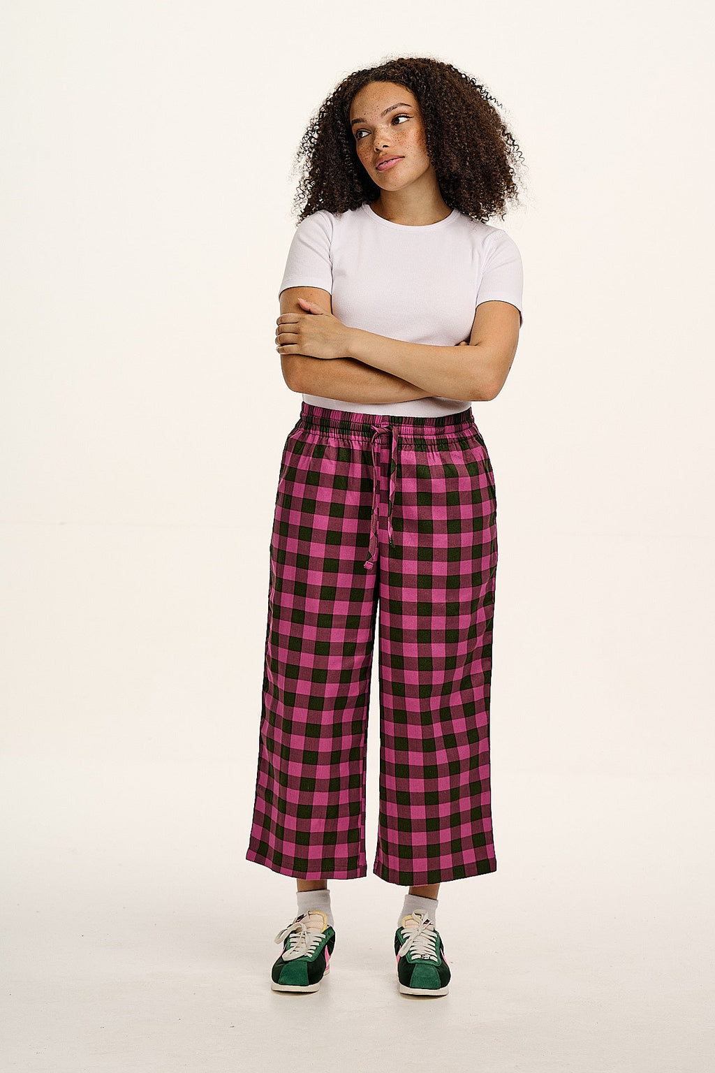 Chuck - Wide Leg Cotton Trousers in Pink and Green Checkerboard