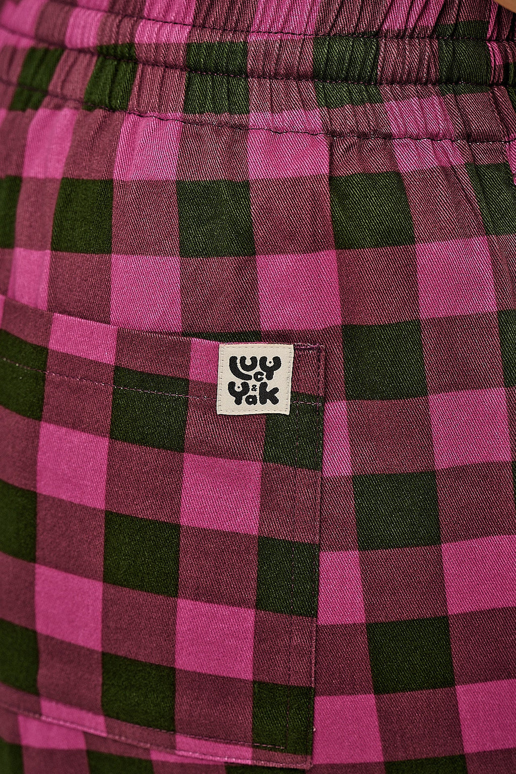 Chuck - Wide Leg Cotton Trousers in Pink and Green Checkerboard