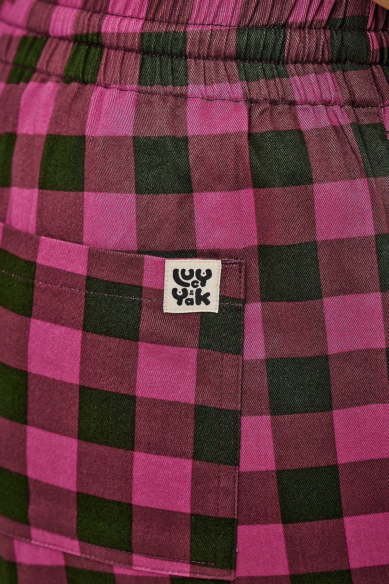 Chuck - Wide Leg Cotton Trousers in Pink and Green Checkerboard