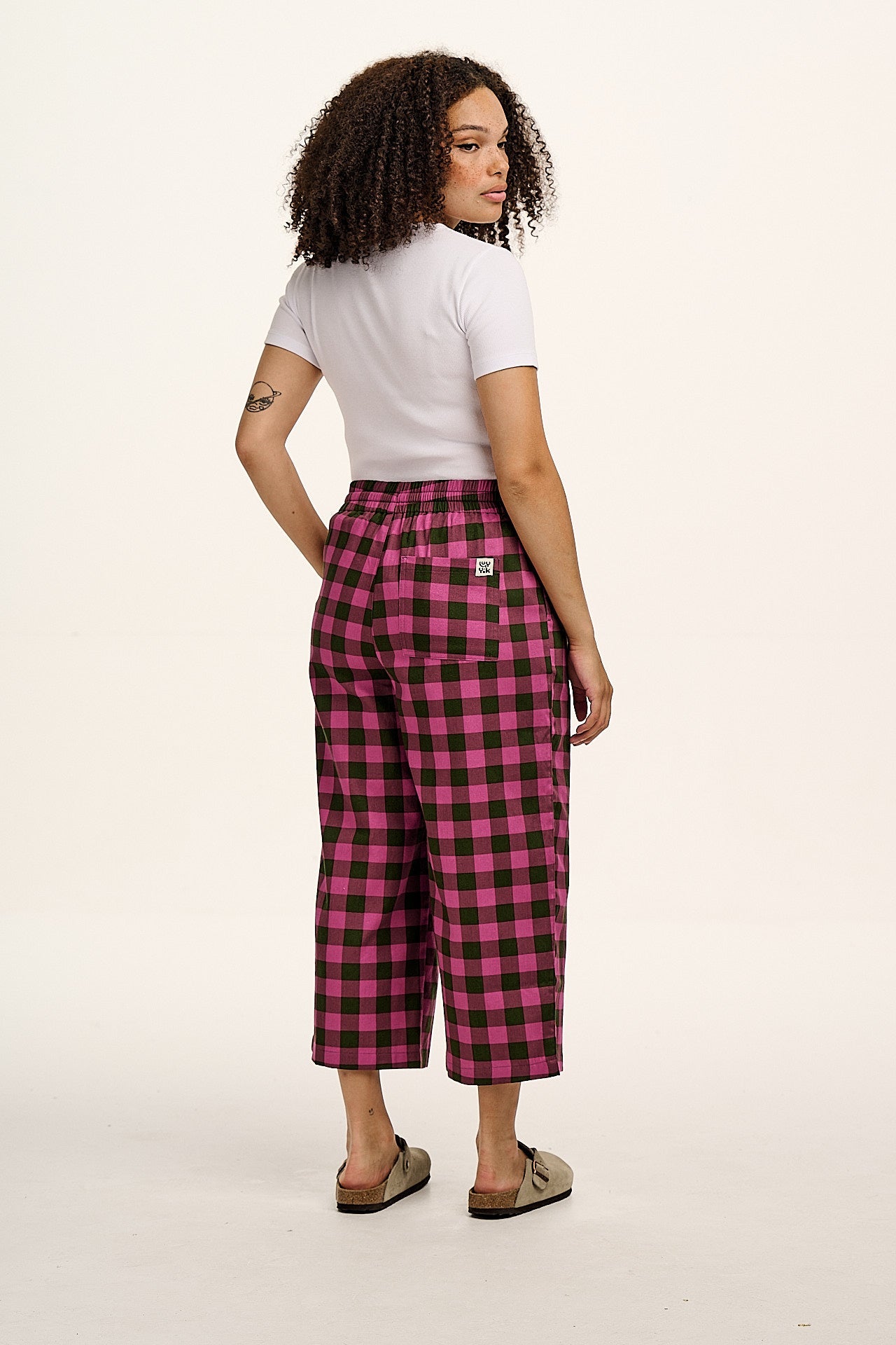 Chuck - Wide Leg Cotton Trousers in Pink and Green Checkerboard