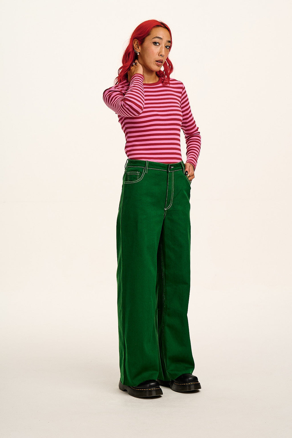 Carter - High Waisted Jeans in Green Contrast Stitch