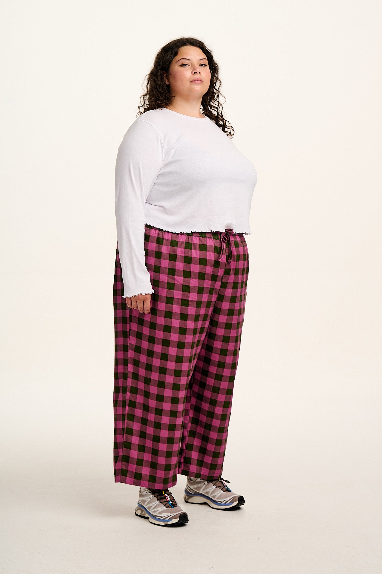 Chuck - Wide Leg Cotton Trousers in Pink and Green Checkerboard