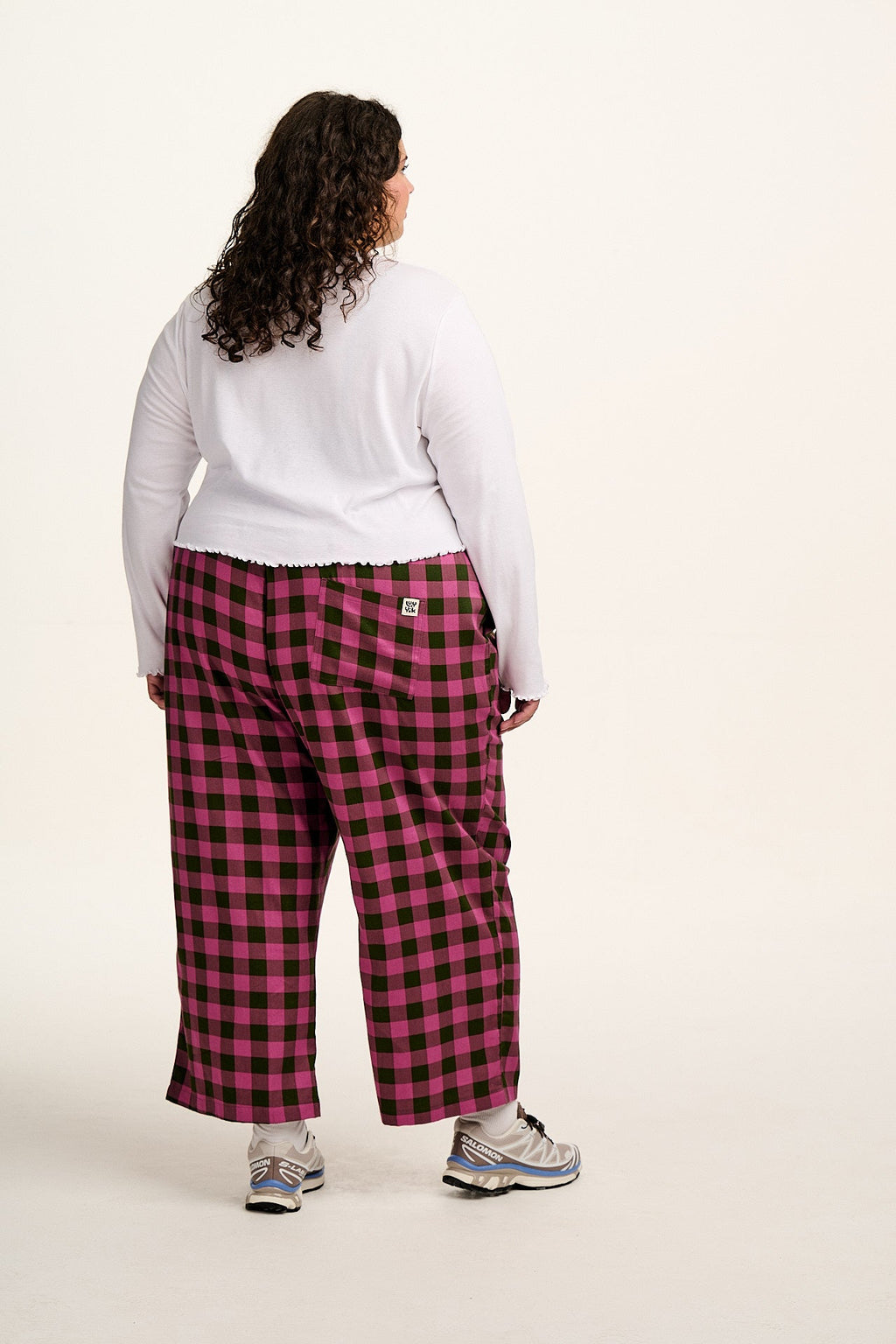 Chuck - Wide Leg Cotton Trousers in Pink and Green Checkerboard